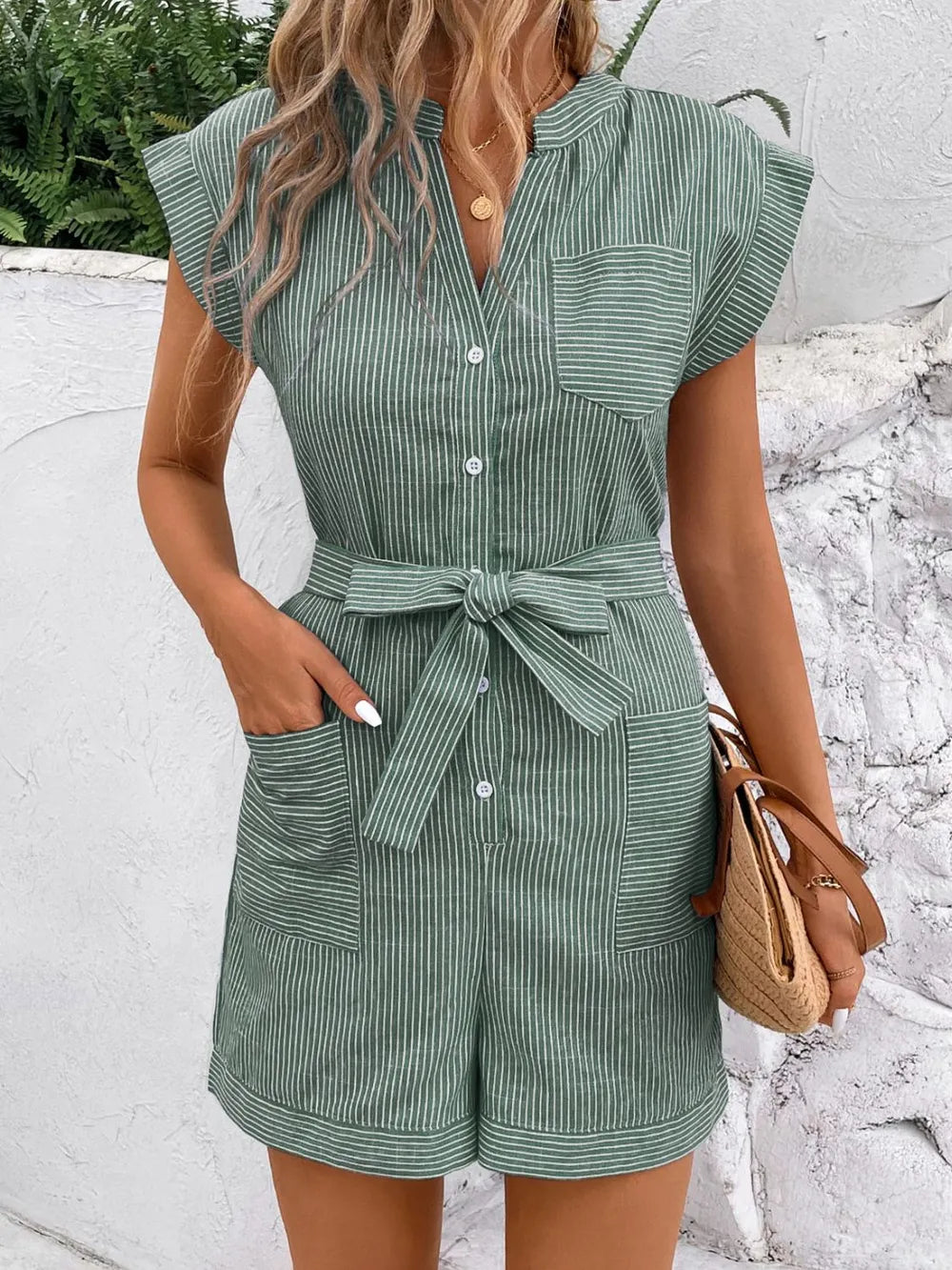 Notched Collar Striped Tie-Waist Romper