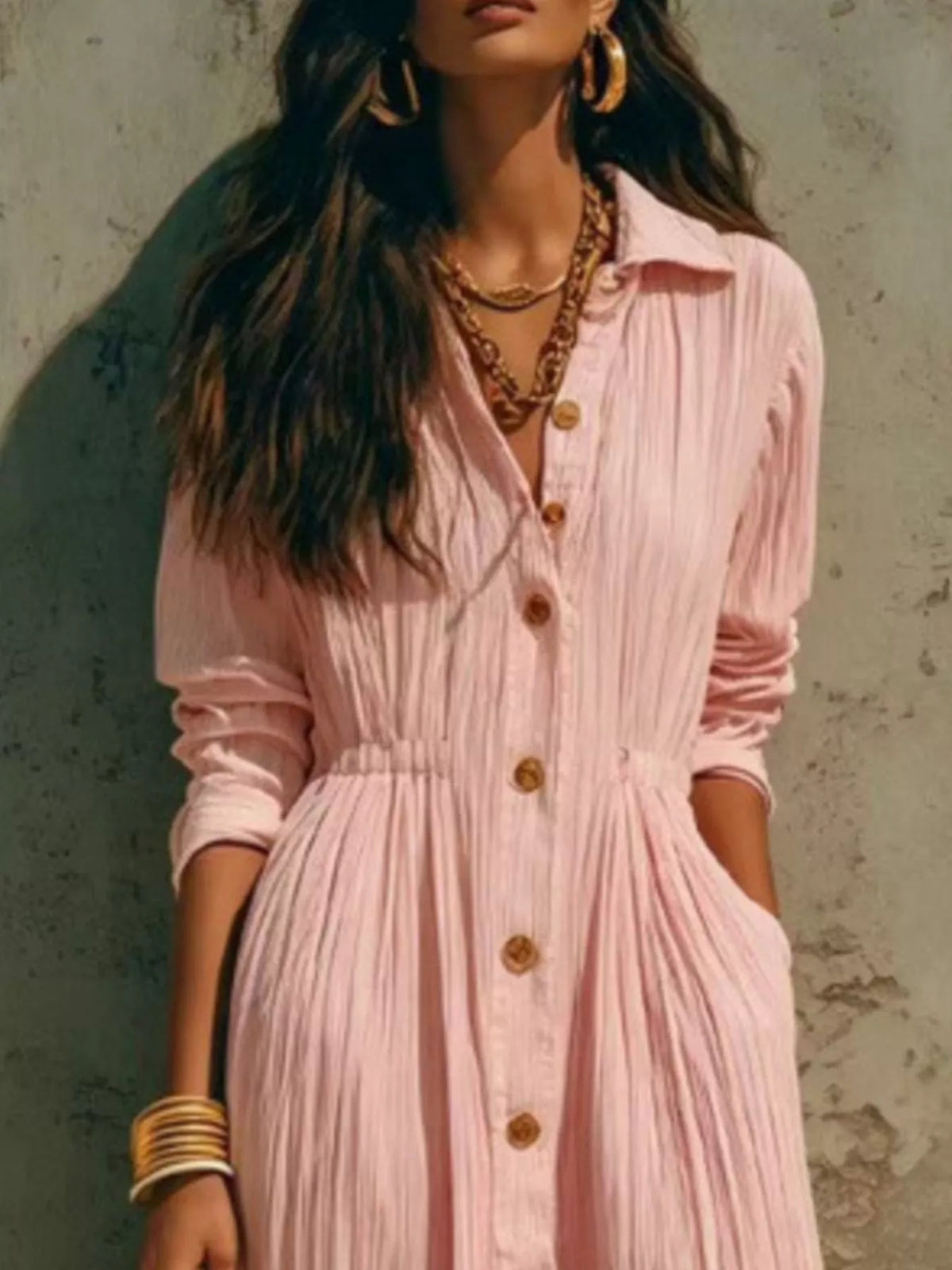 Button-Down Textured Maxi Shirt Dress