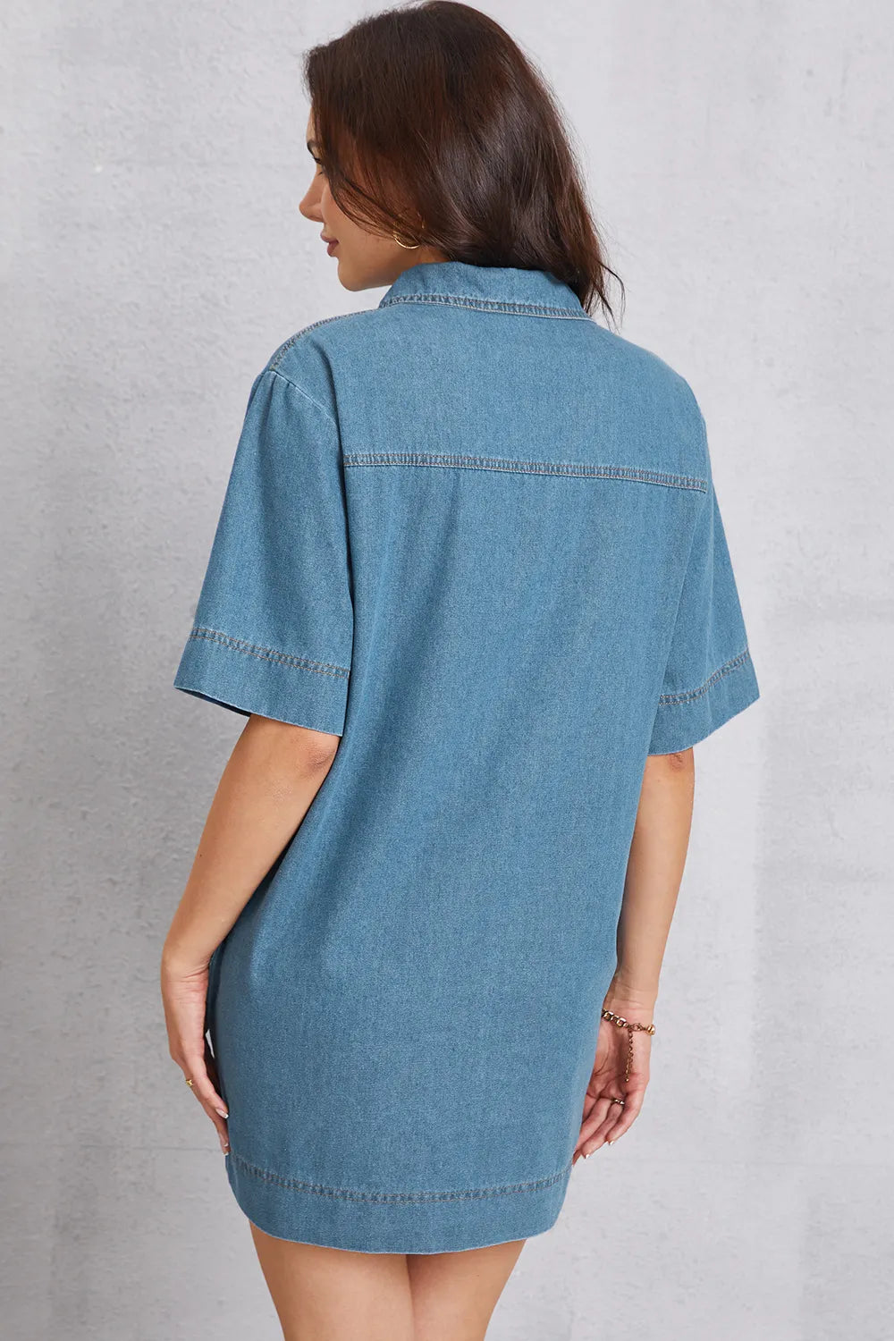 Pocketed Collared Mini Denim Dress in Medium Wash by Y.Y@Denim