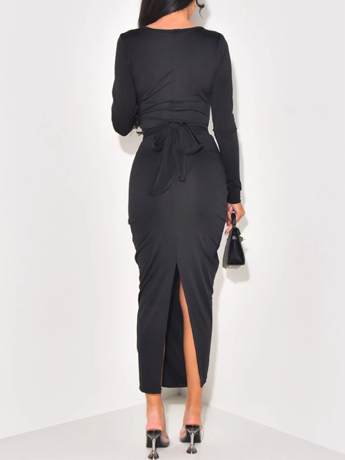 Long Sleeve Tie-Front Maxi Dress in Black