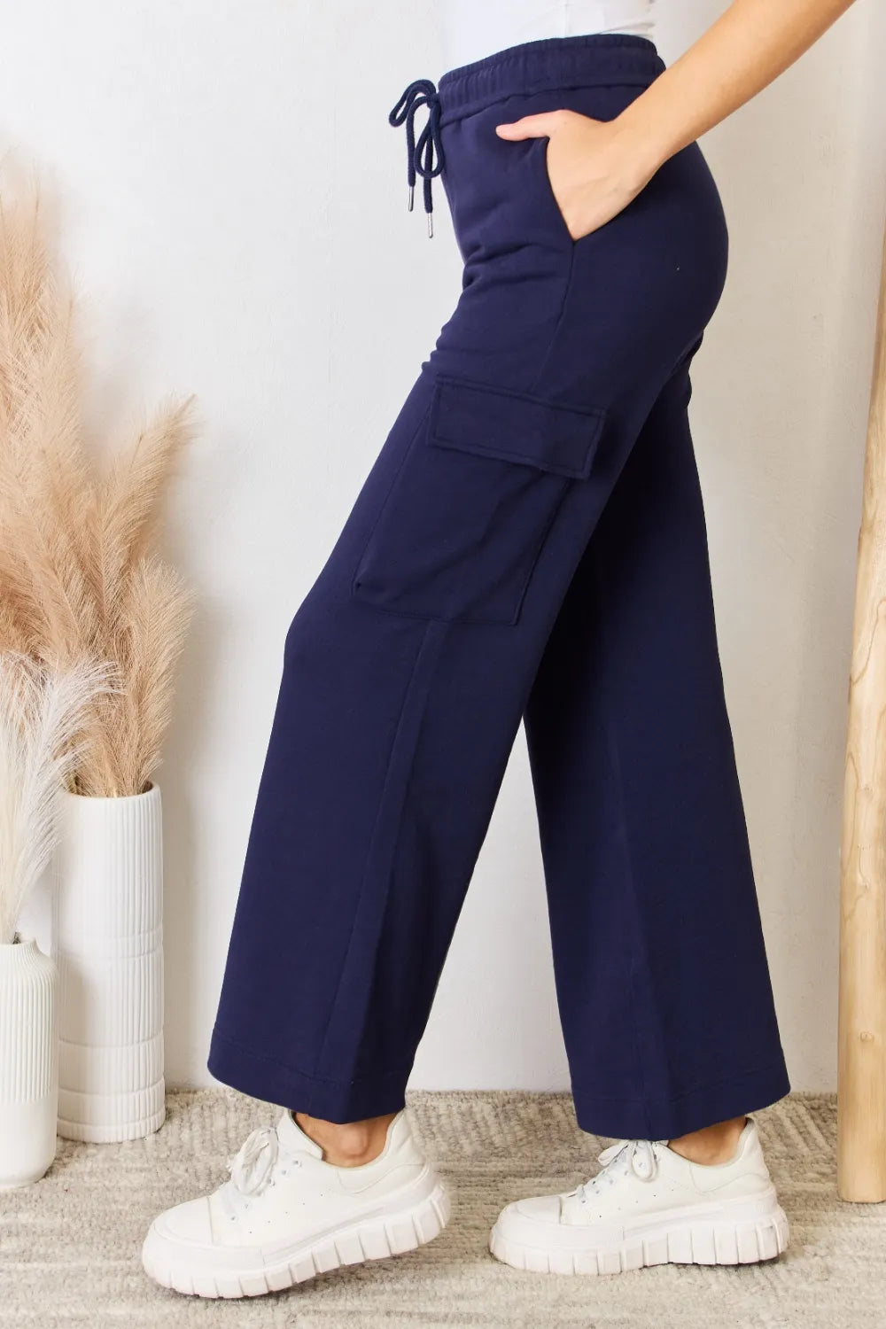 Risen Drawstring Cargo Wide Leg Pants in Dark Blue