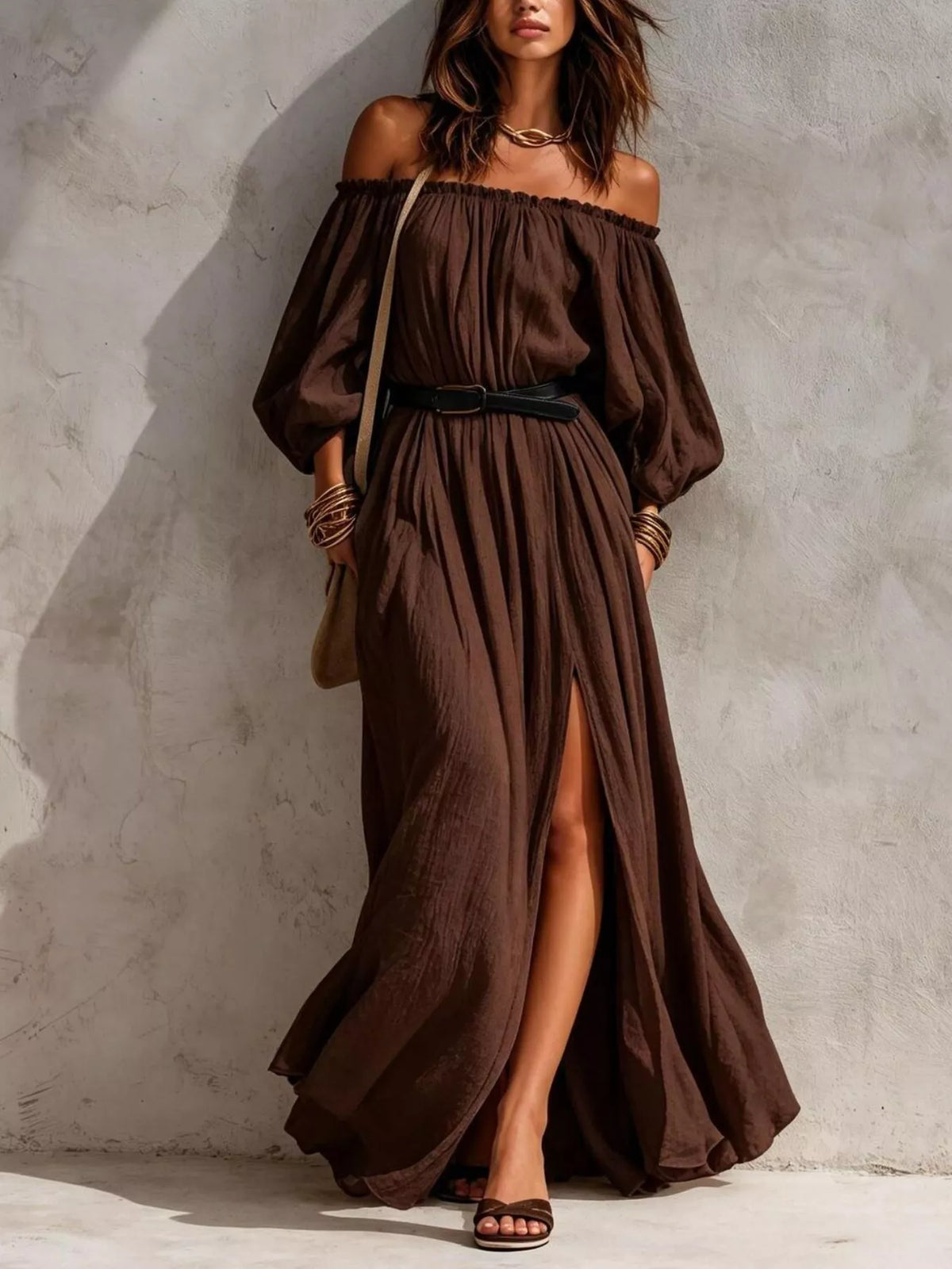 Boho Off-Shoulder Maxi Dress with Side Slit