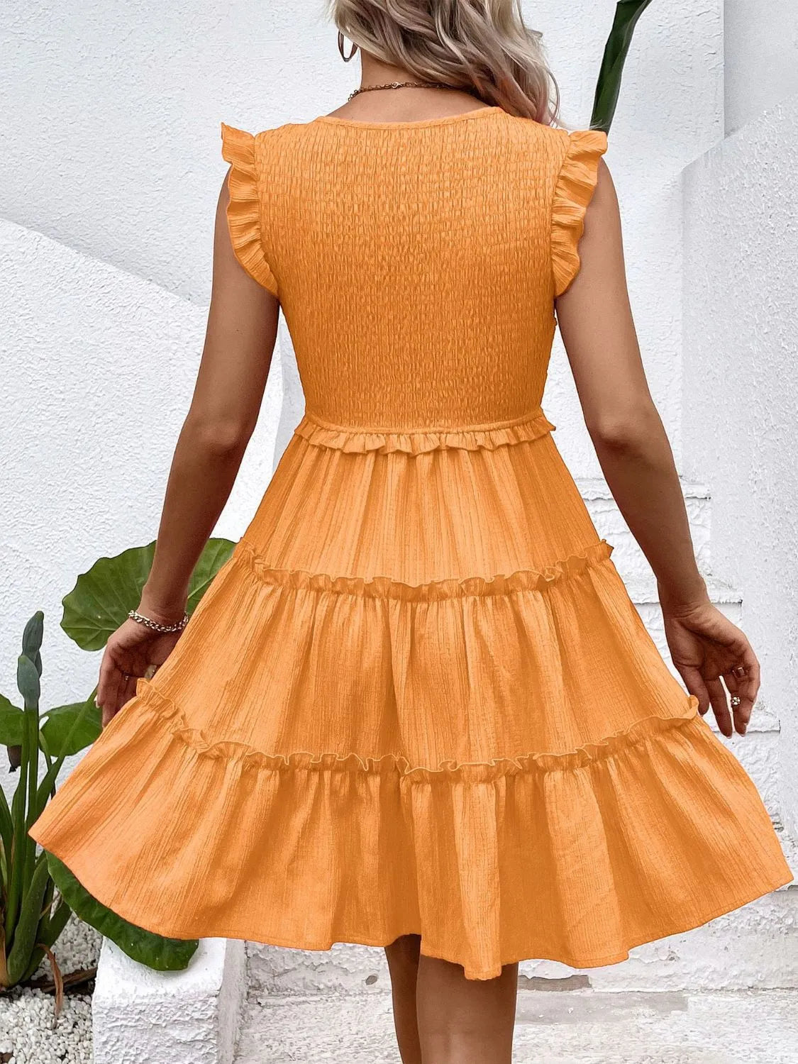 Ruffled V-Neck Cap Sleeve Dress with Smocking