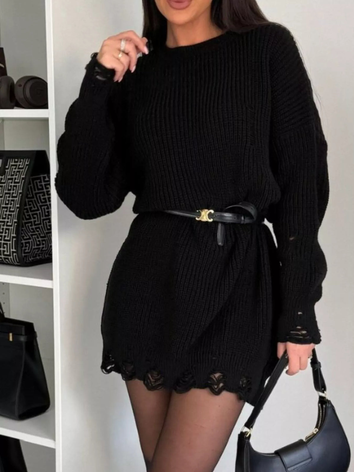 Distressed Round Neck Sweater Dress