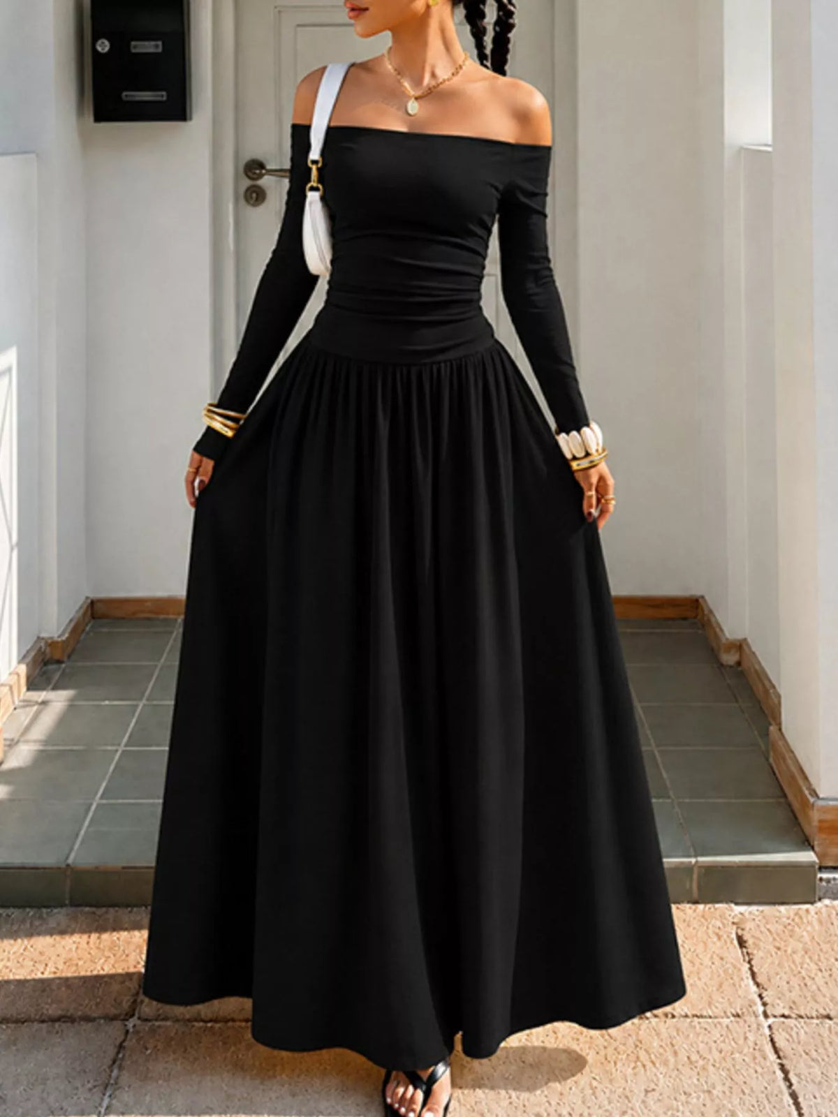 Off-the-Shoulder Ruched Maxi Dress