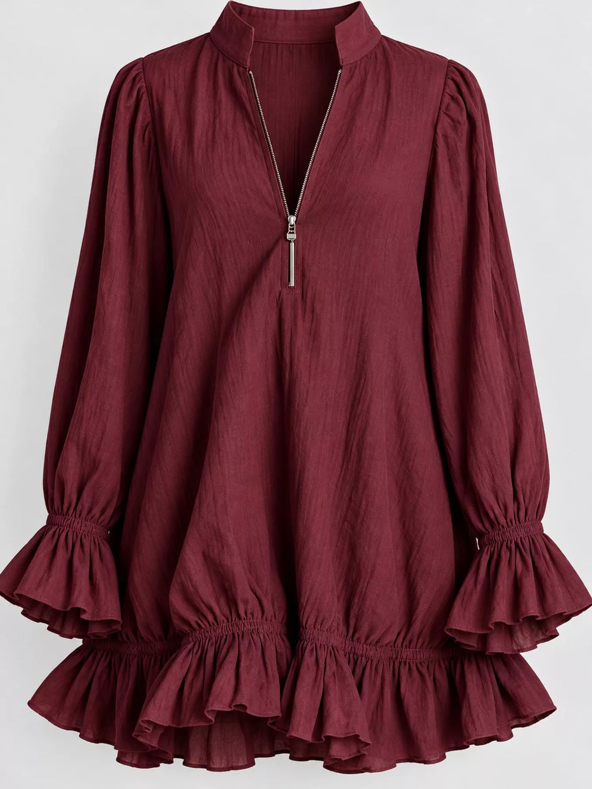Zipper-Front Ruffle Hem Mini Dress