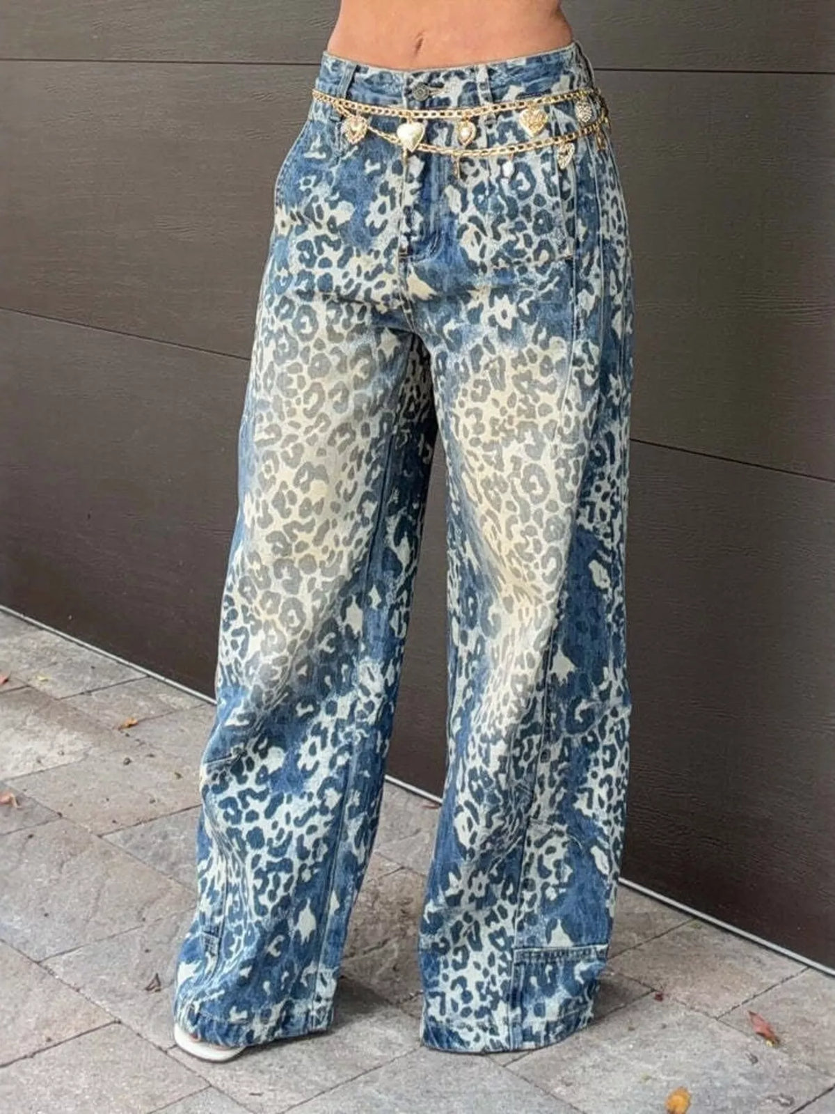 Leopard Wide Leg Jeans in Blue