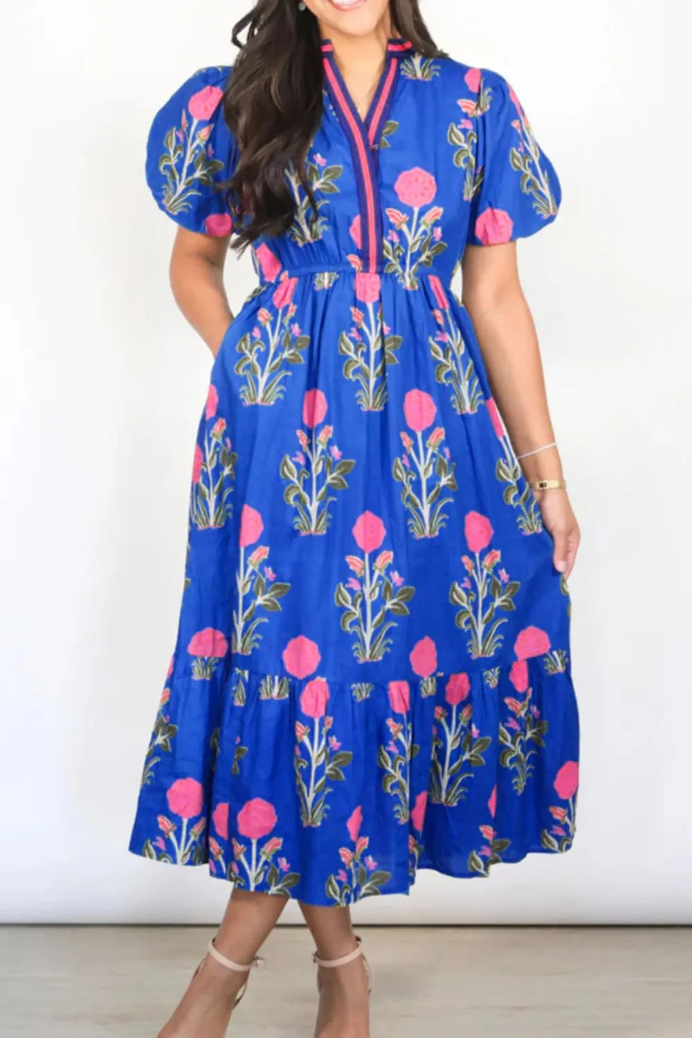 Floral Notched Puff Sleeve Dress in Royal Blue
