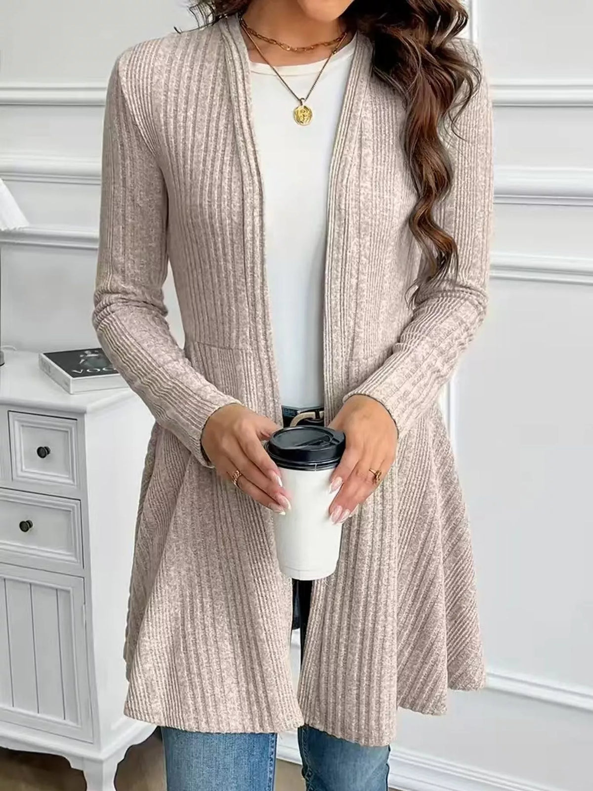 Ribbed Knit Open-Front Cardigan