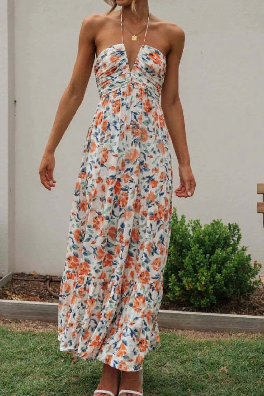 Floral Halter Tiered Maxi Dress in Watermelon Pink