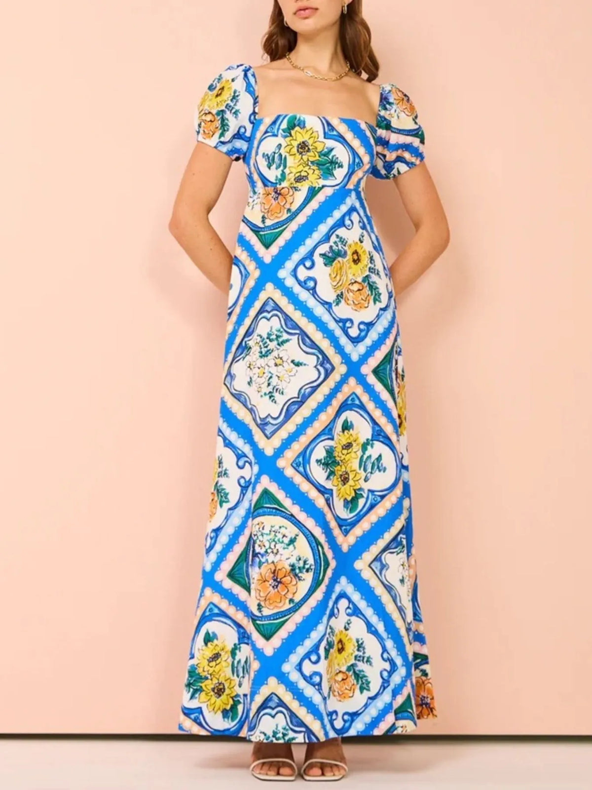 Printed Square Neck Puff Sleeve Maxi Dress in Blue