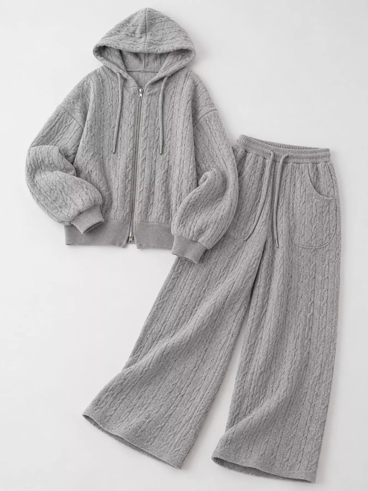 Cable Knit Zip-Up Hooded Cardigan and Wide-Leg Pants Set