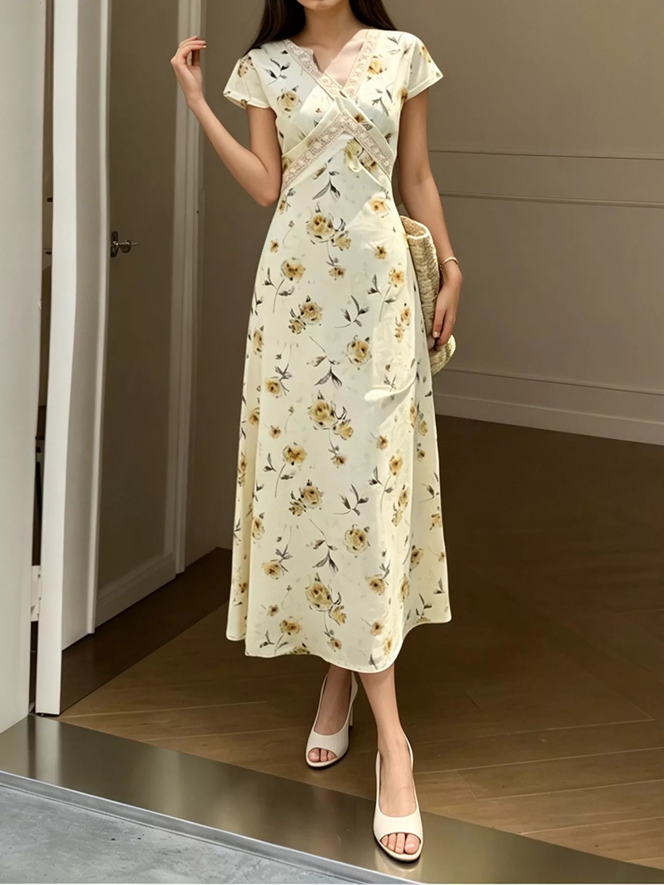 Floral Lace-Trim Midi Dress in Yellow