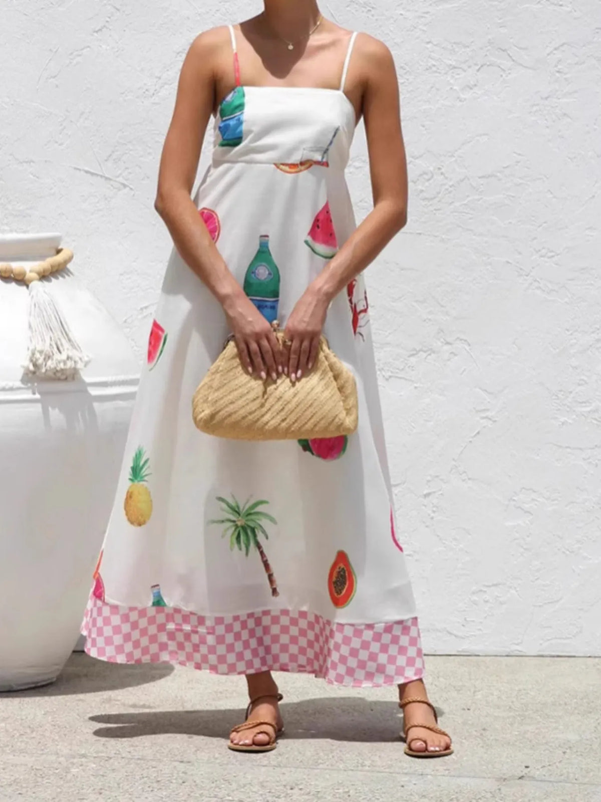 Fruit Print Checkered Hem Cami Midi Dress