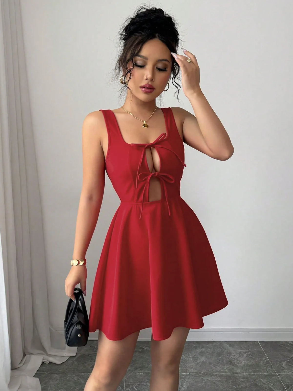 Tie-Front Lace-Up Cutout Dress in Red