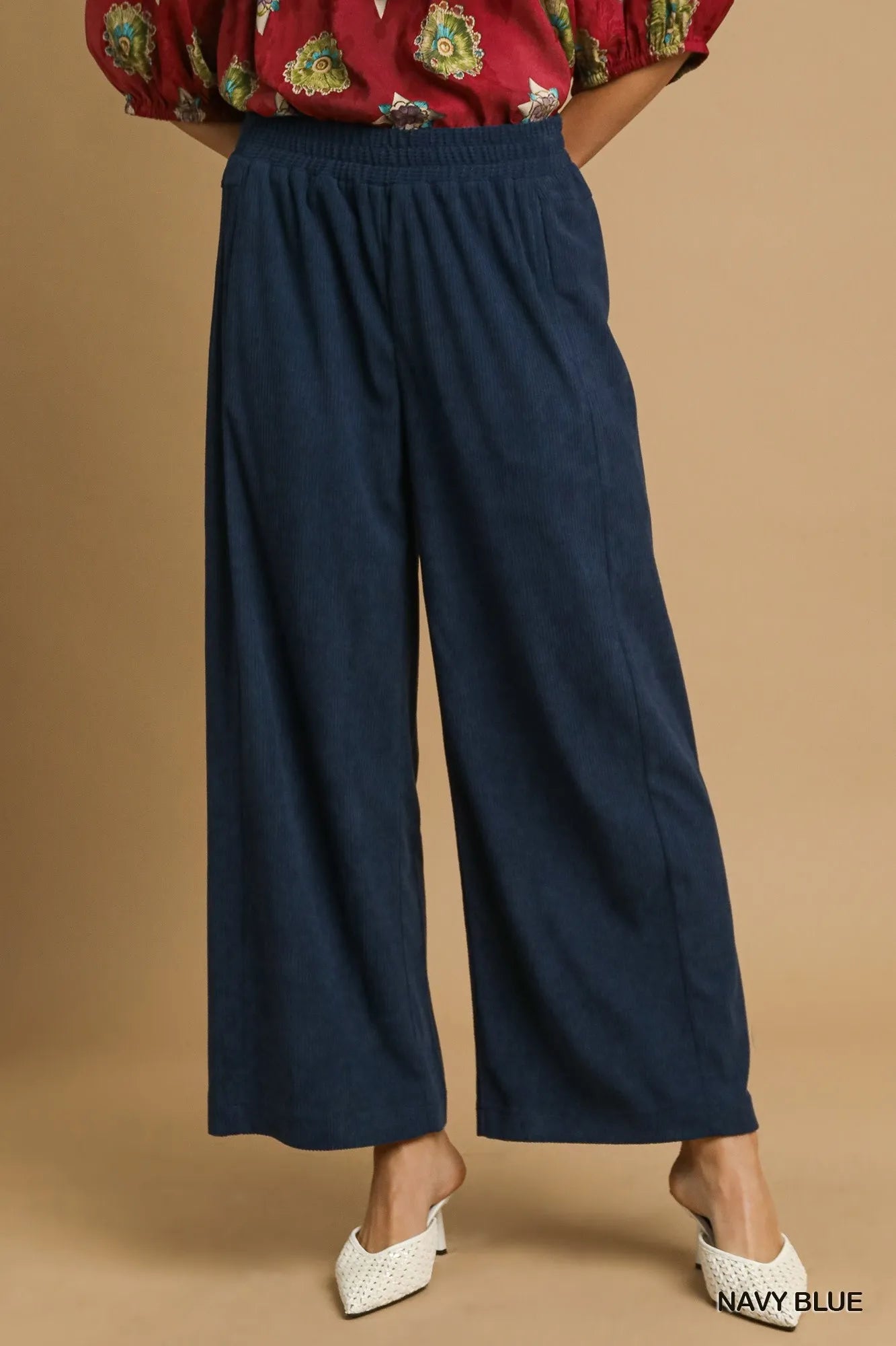 Umgee Wide-Leg Corduroy Pants in Navy Blue
