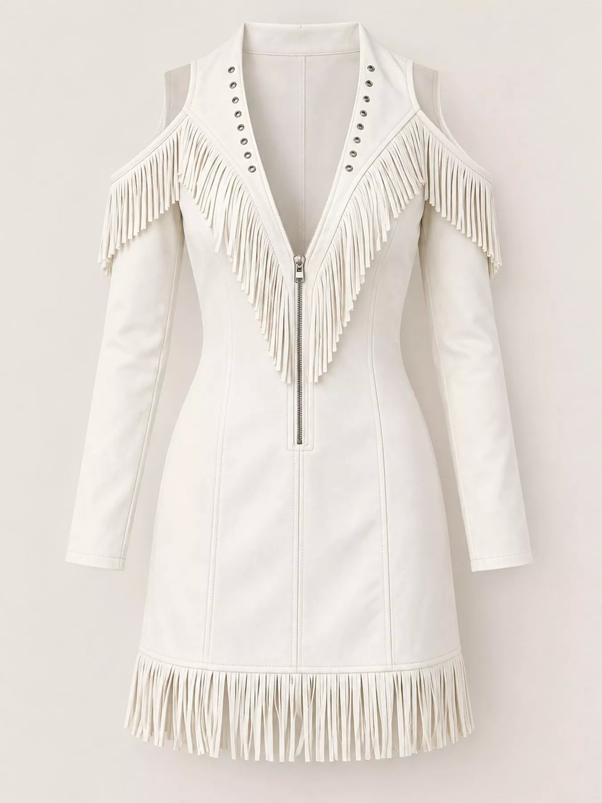 Fringed Cold-Shoulder Zip-Front Mini Dress
