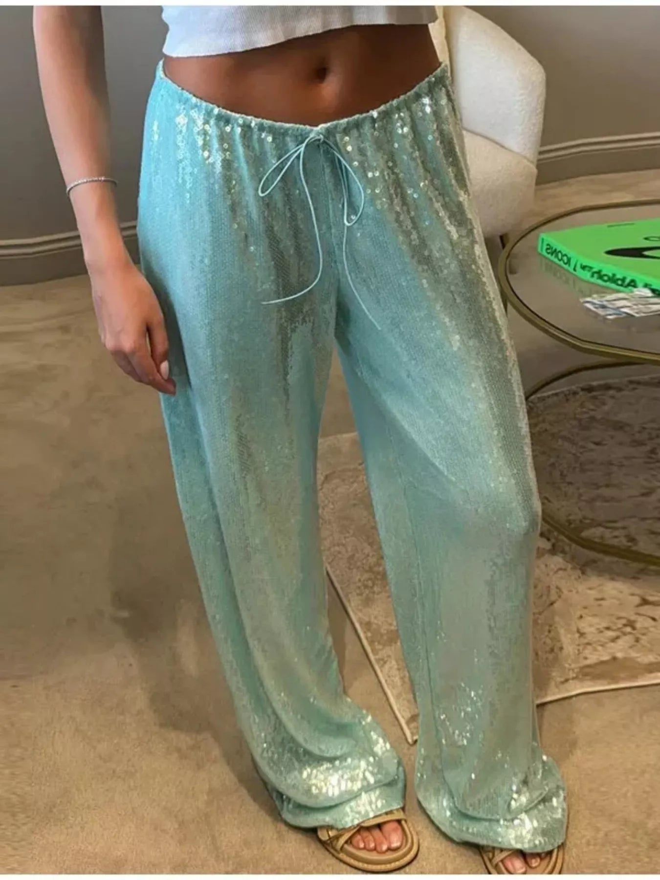 Drawstring Sequin Wide Leg Pants