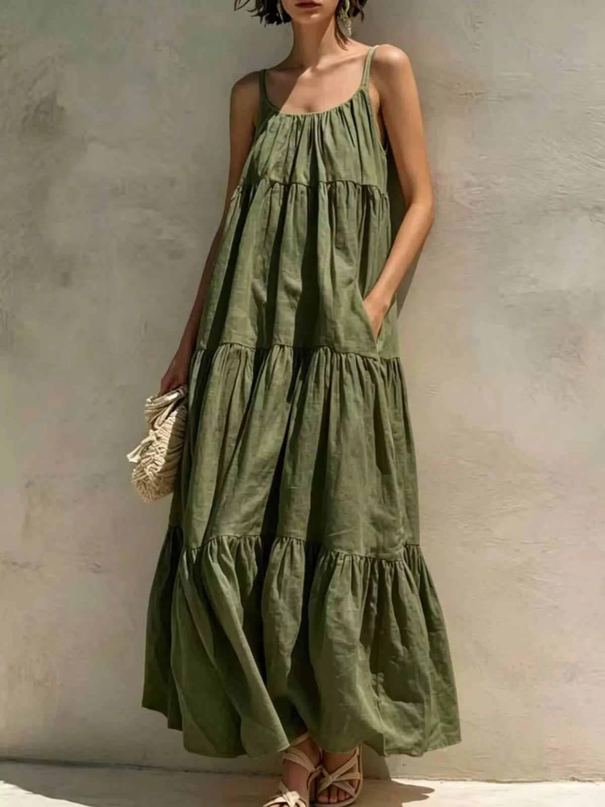 Tiered Scoop Neck Maxi Dress with Pockets