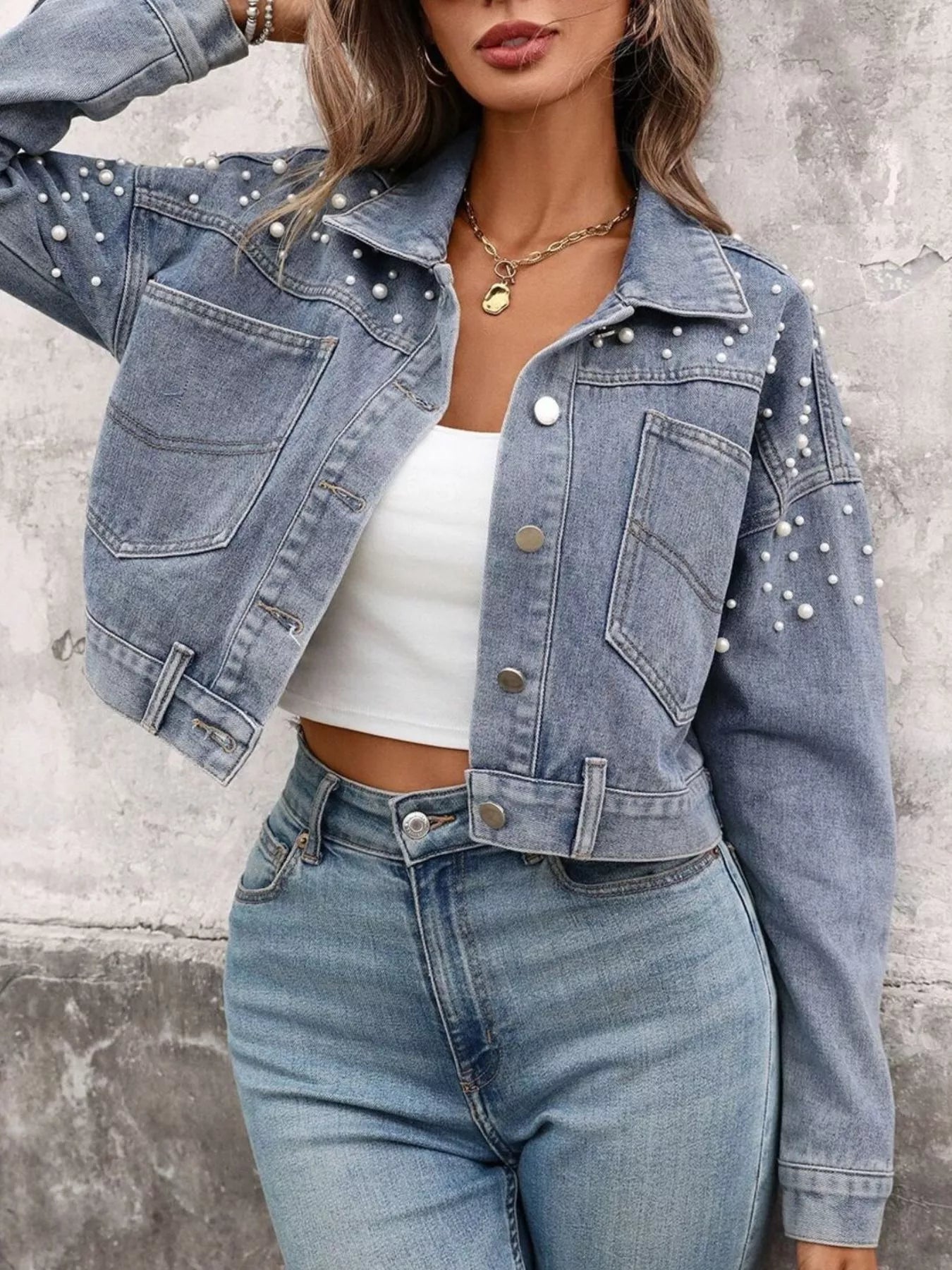 Pearl Embellished Cropped Denim Jacket by Moni Wear