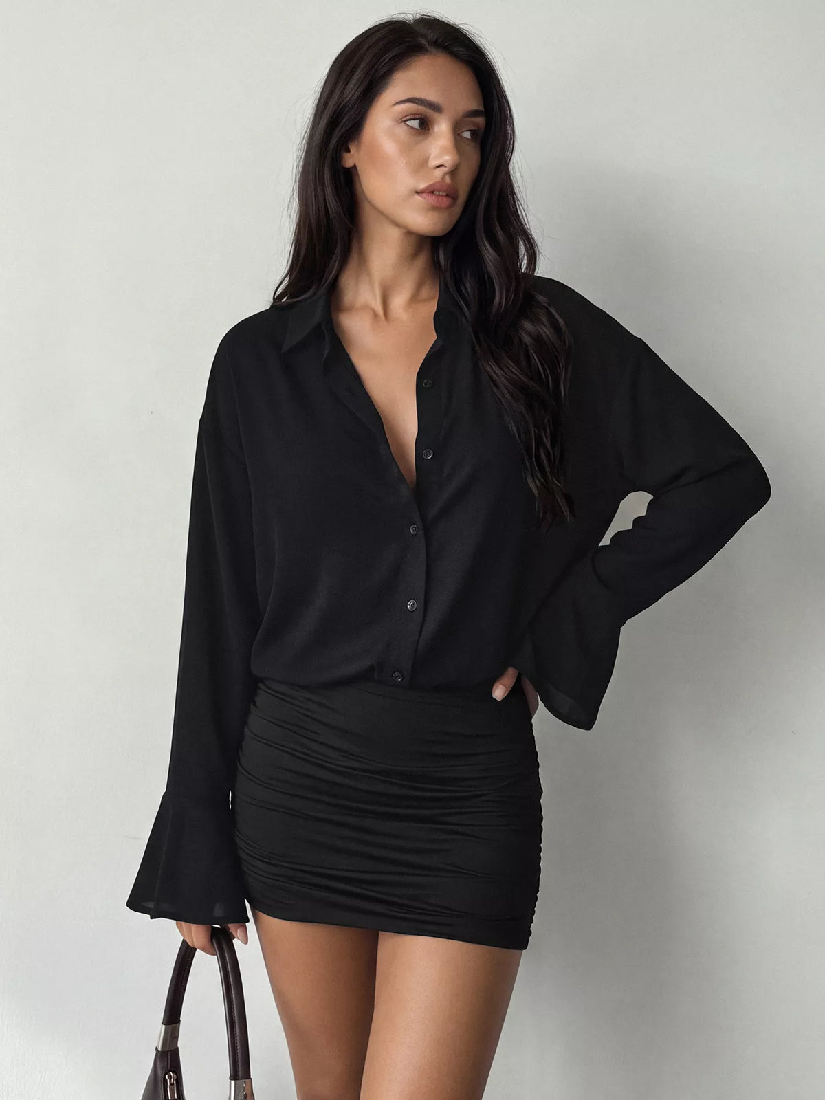 Button-Front Flounce-Sleeve Shirt Dress in Black