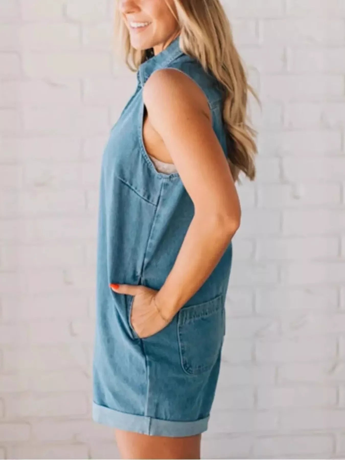 Sleeveless Zip-Up Denim Romper in Blue
