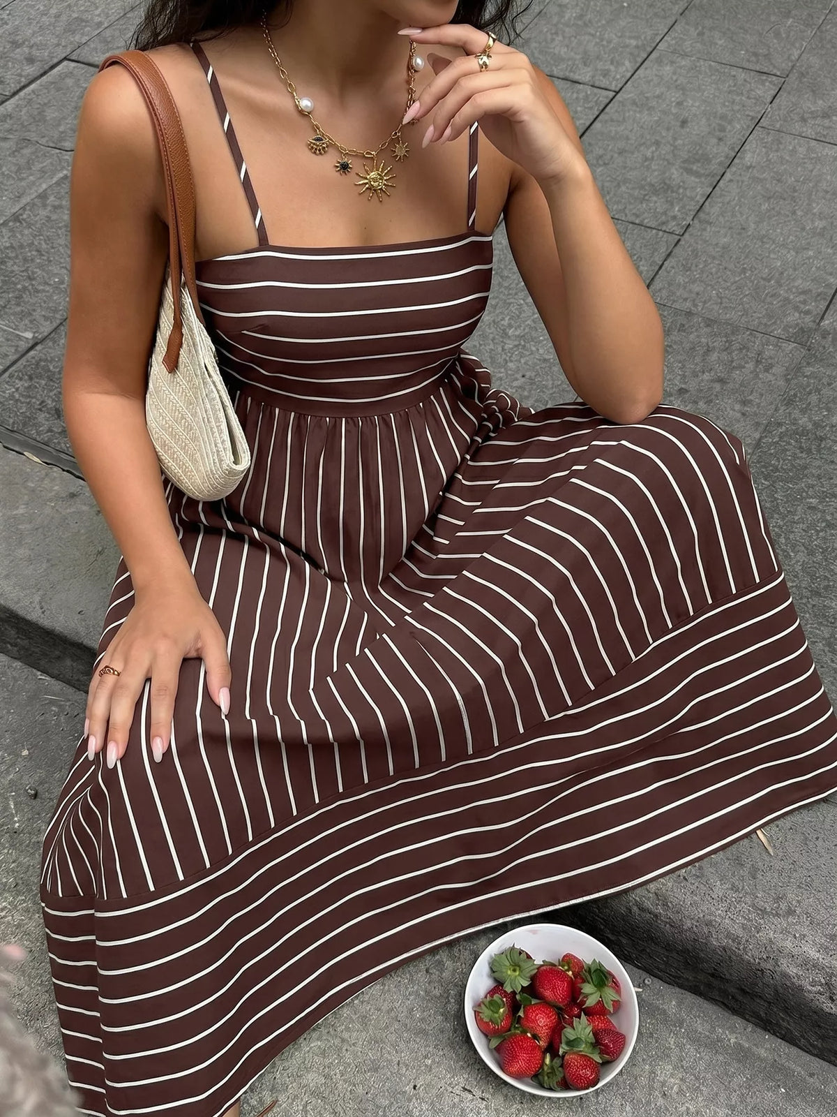 Striped Spaghetti Strap Maxi Dress with Cutout