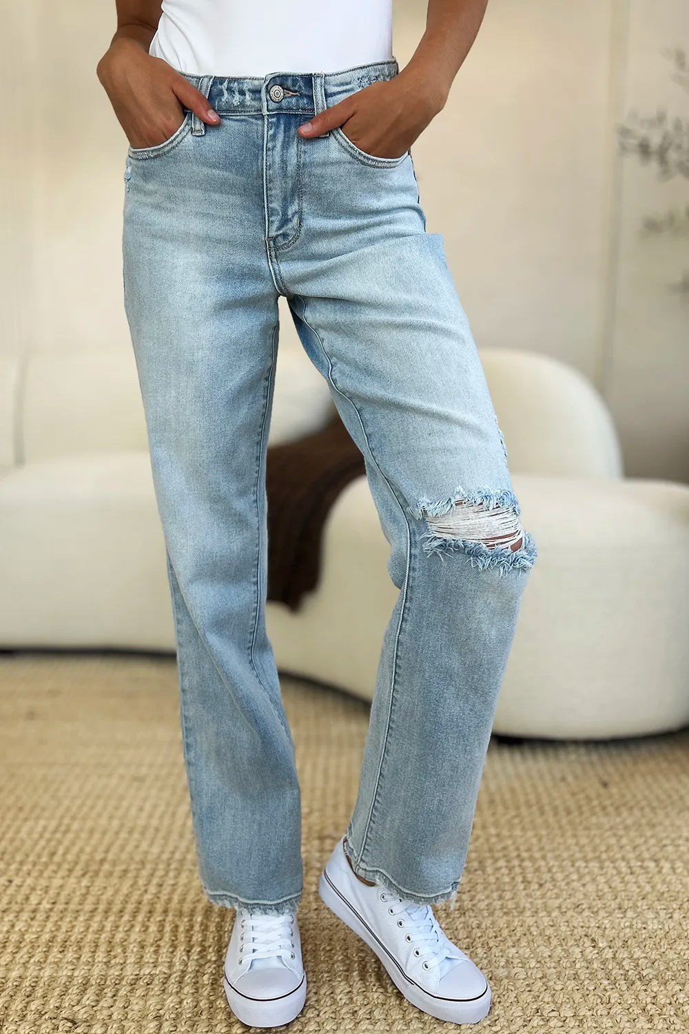 Judy Blue High Waist Distressed Straight Jeans in Light