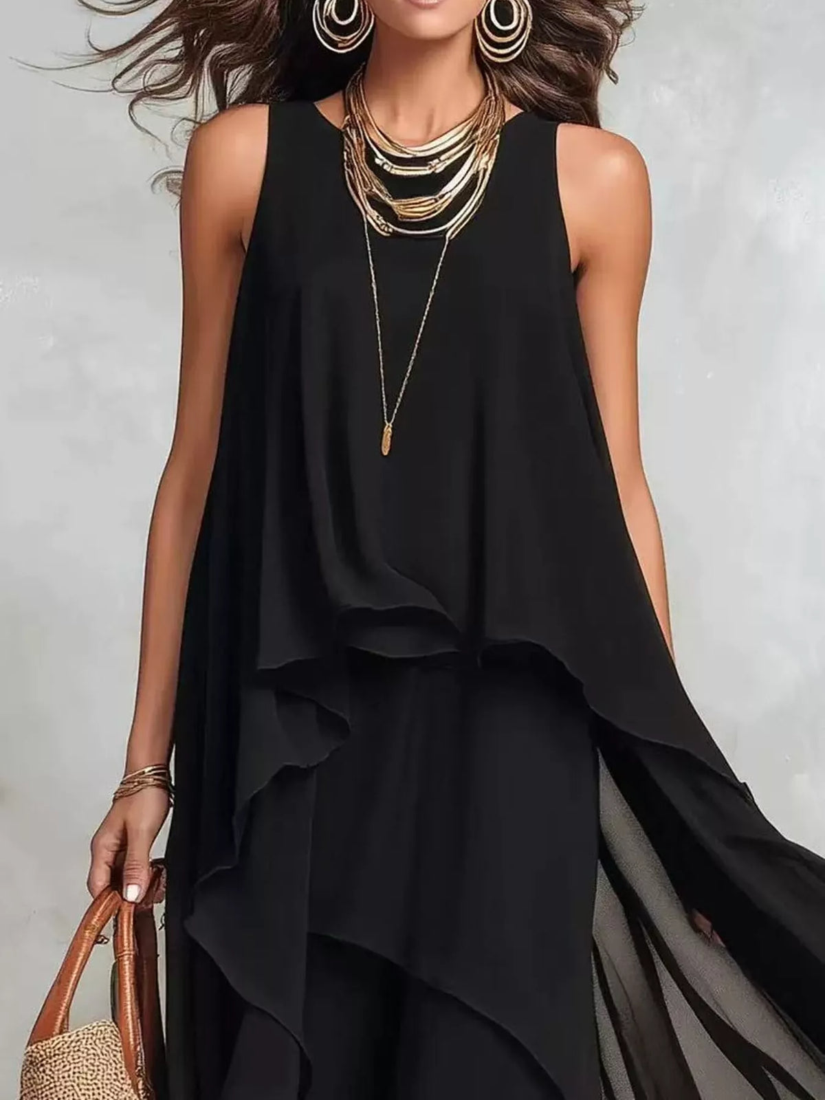 Ruffled Round-Neck Sleeveless Maxi Dress