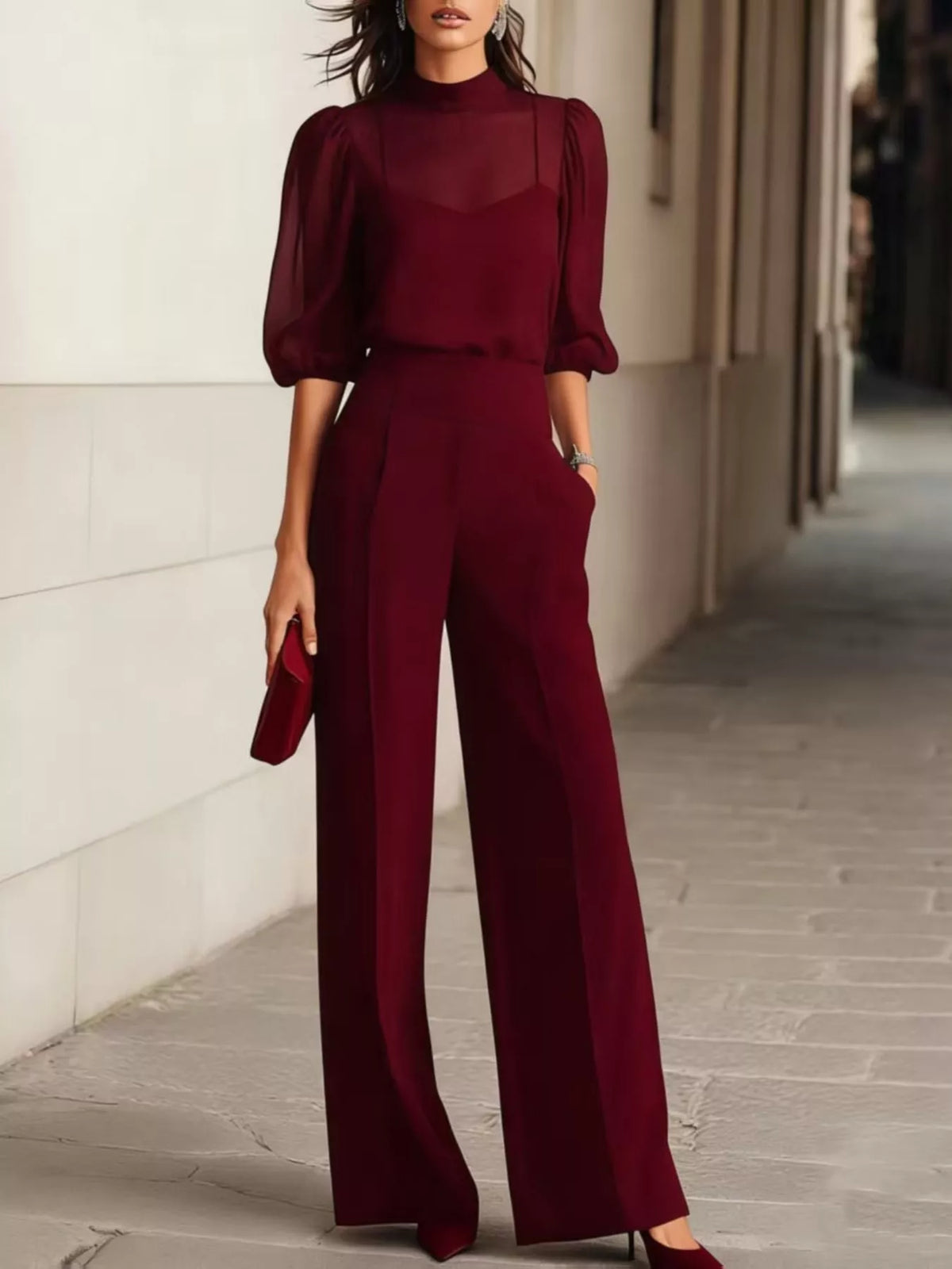 Mock Neck Puff Sleeve Top and Wide Leg Pants Set