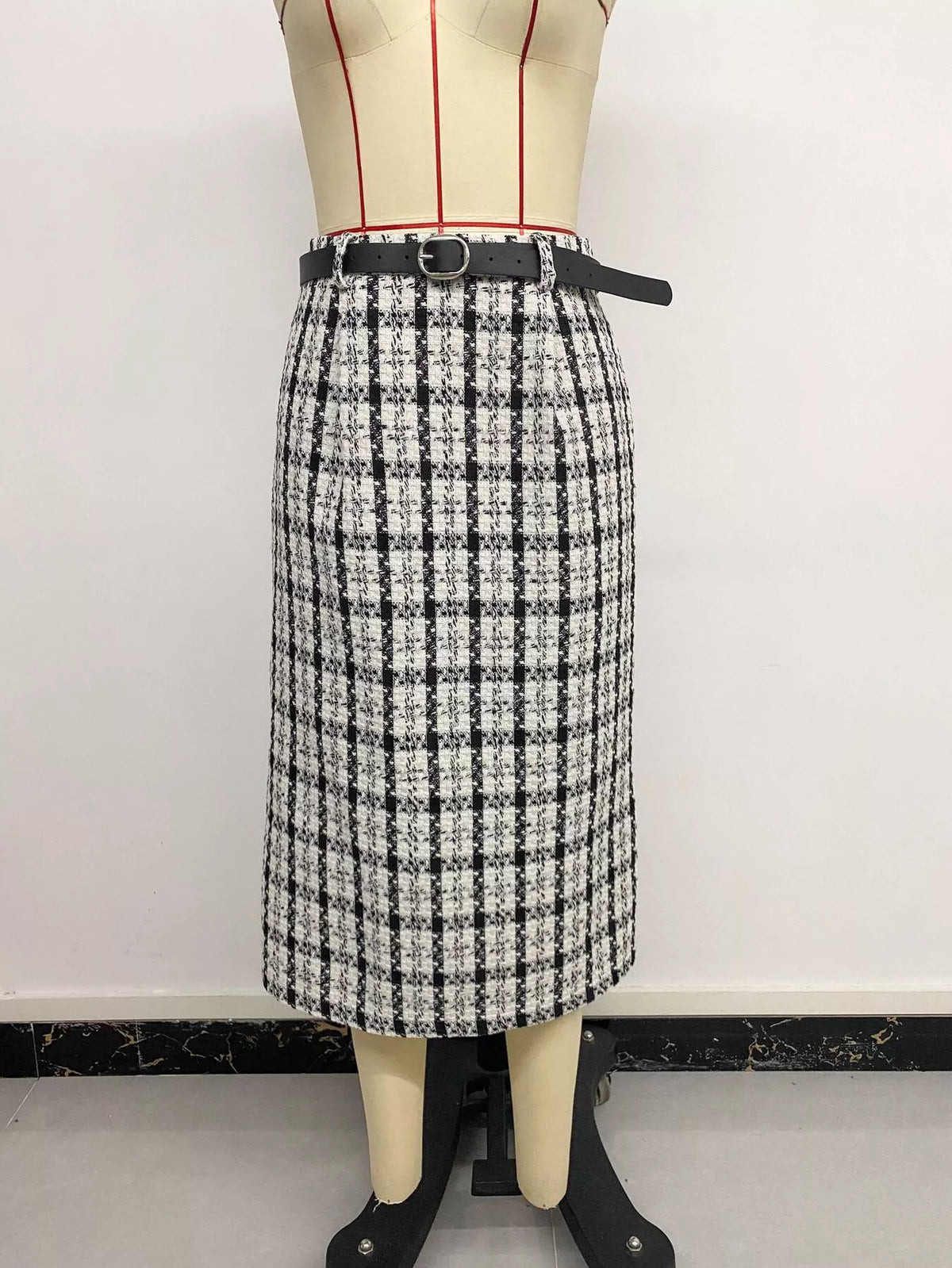 Black High-Waisted Tweed Plaid Midi Skirt