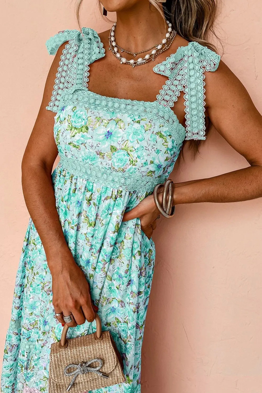 Lace Detail Floral Dress in Turquoise