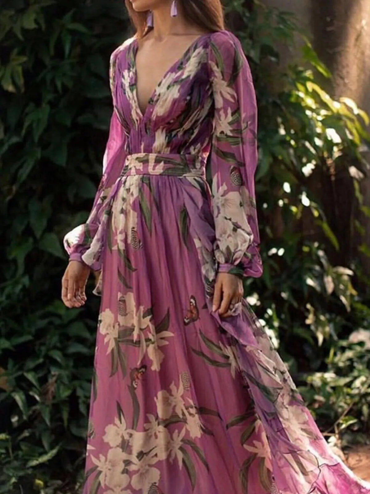 Floral Print Long Sleeve Maxi Dress in Purple