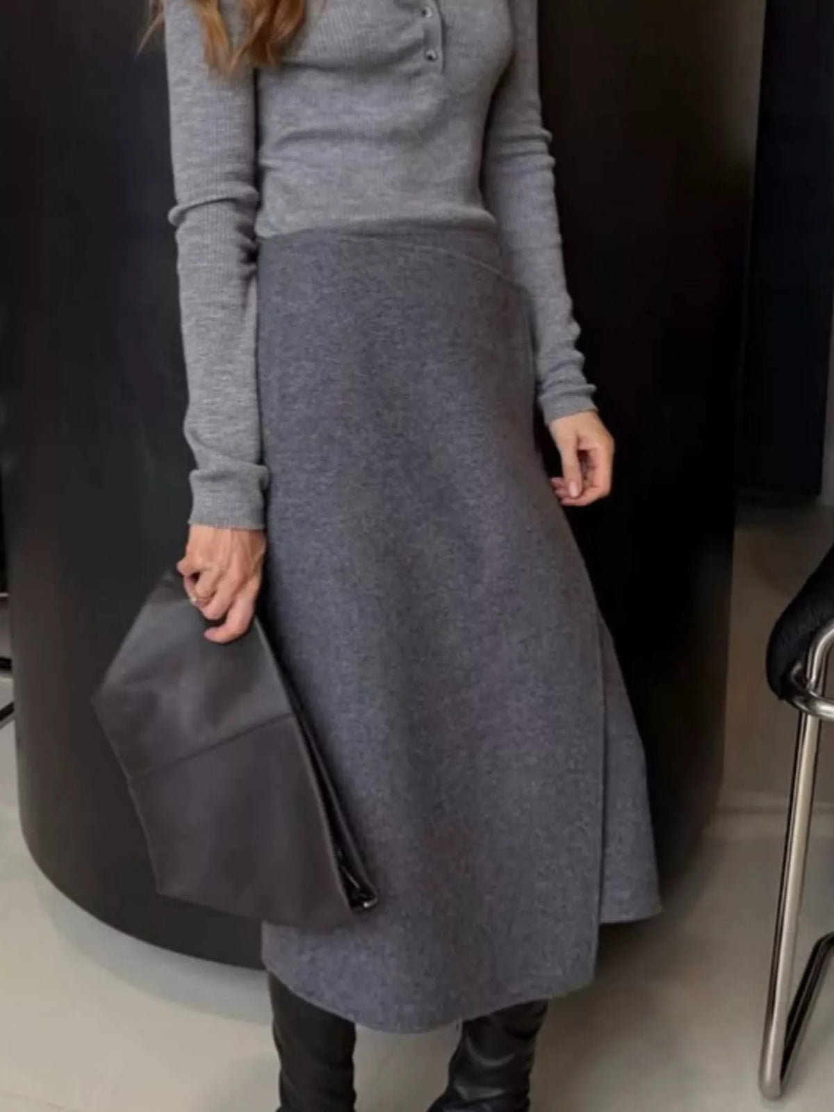 High-Waisted Wrap Midi Skirt in Gray