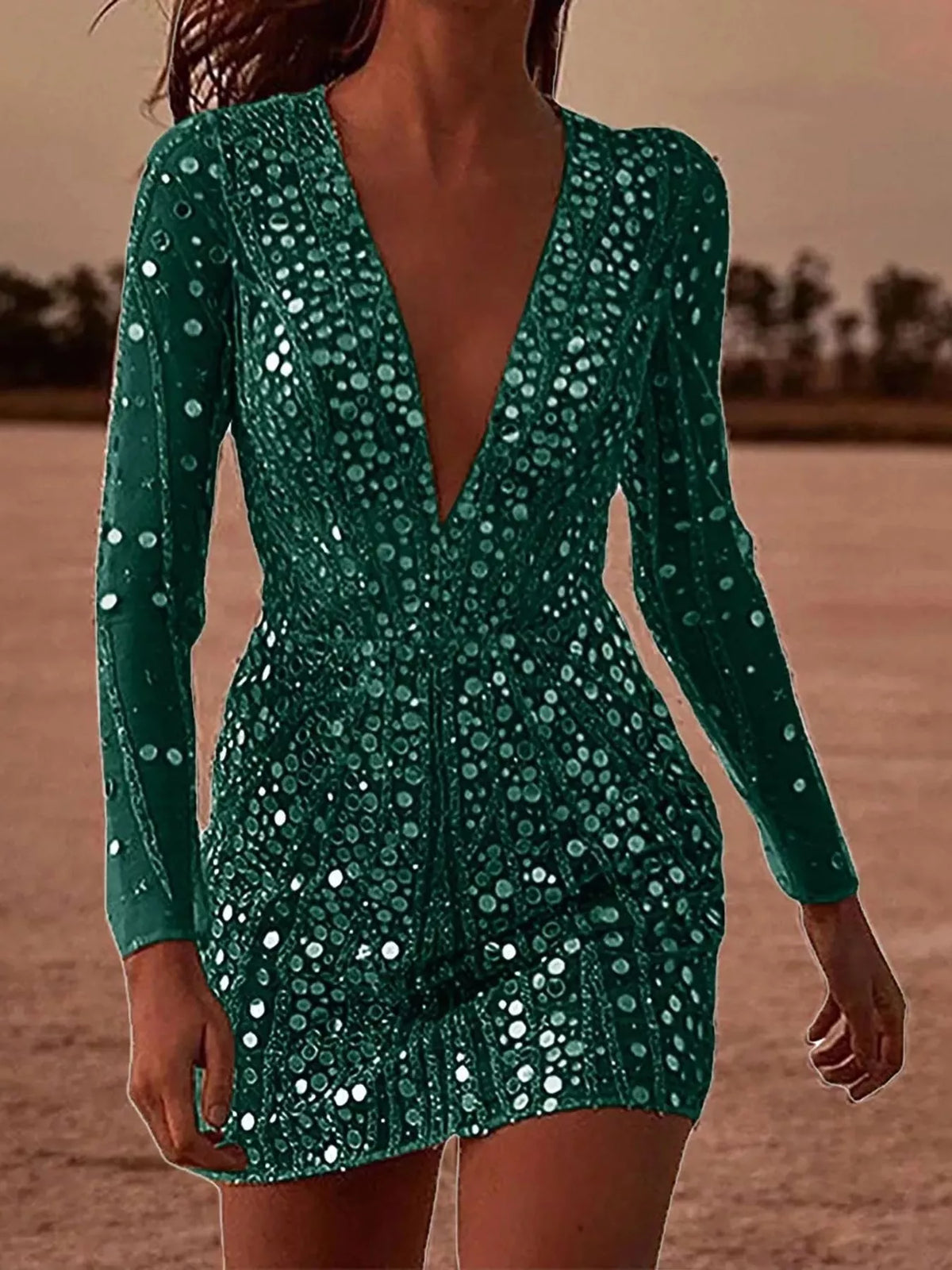 V-Neck Sequin Long Sleeve Mini Dress