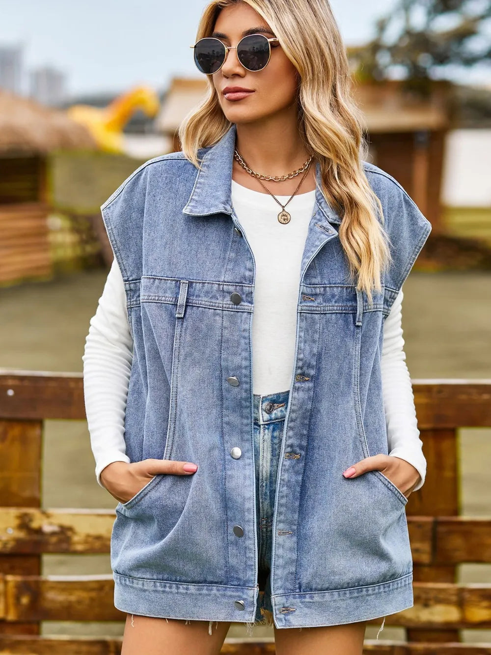 Collared Sleeveless Denim Jacket with Button-Up Front by Manny