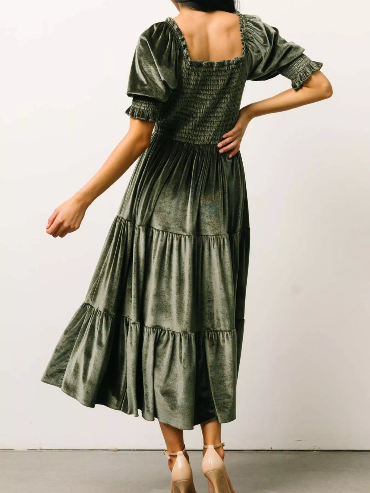 Smocked Tiered Velvet Midi Dress