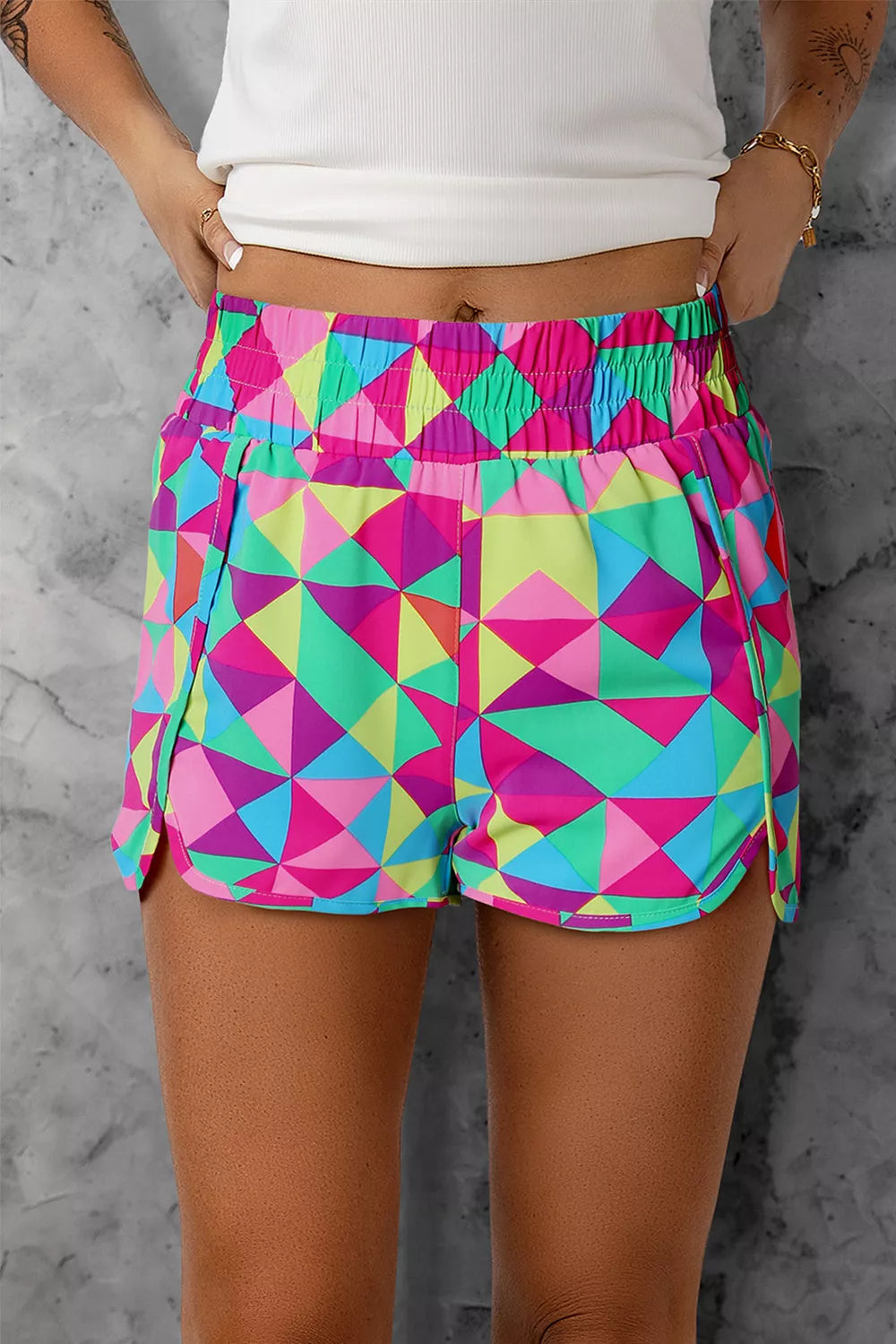 Color Block Elastic-Waist Shorts in Multicolor