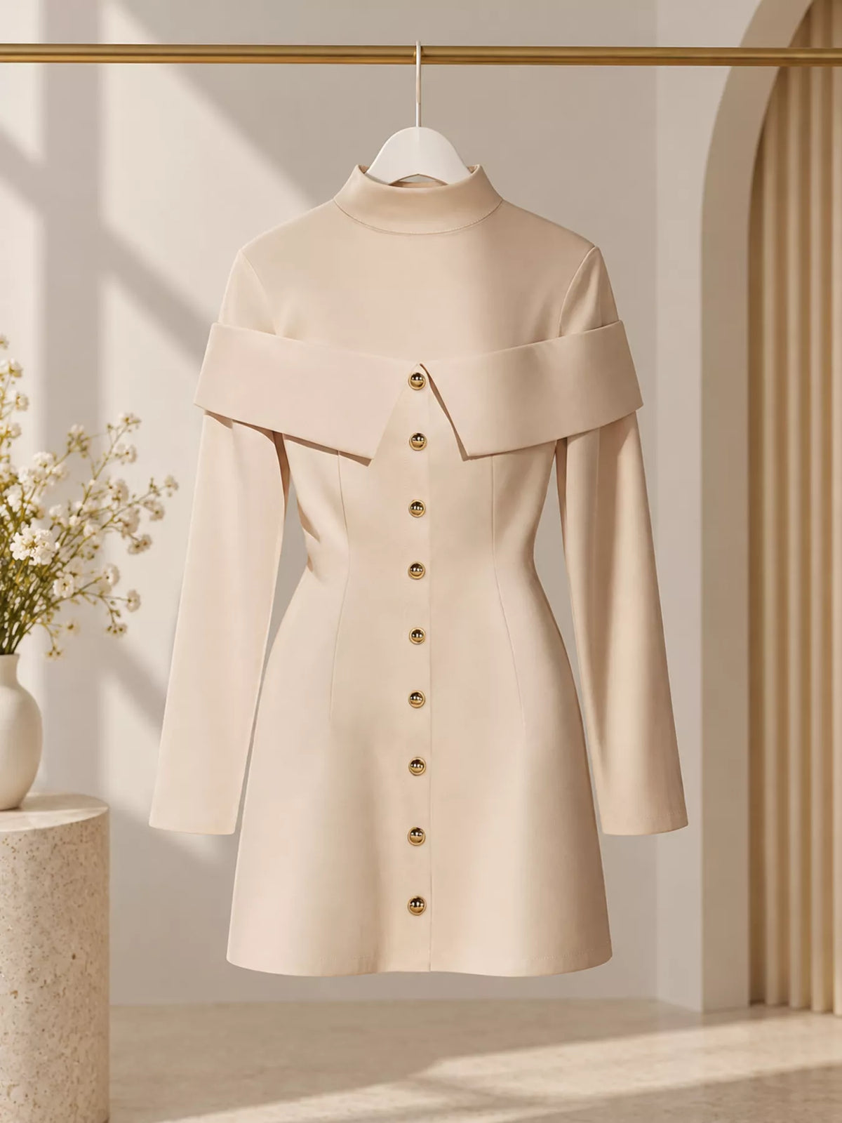 Mock Neck Button Front Mini Dress in Eggshell