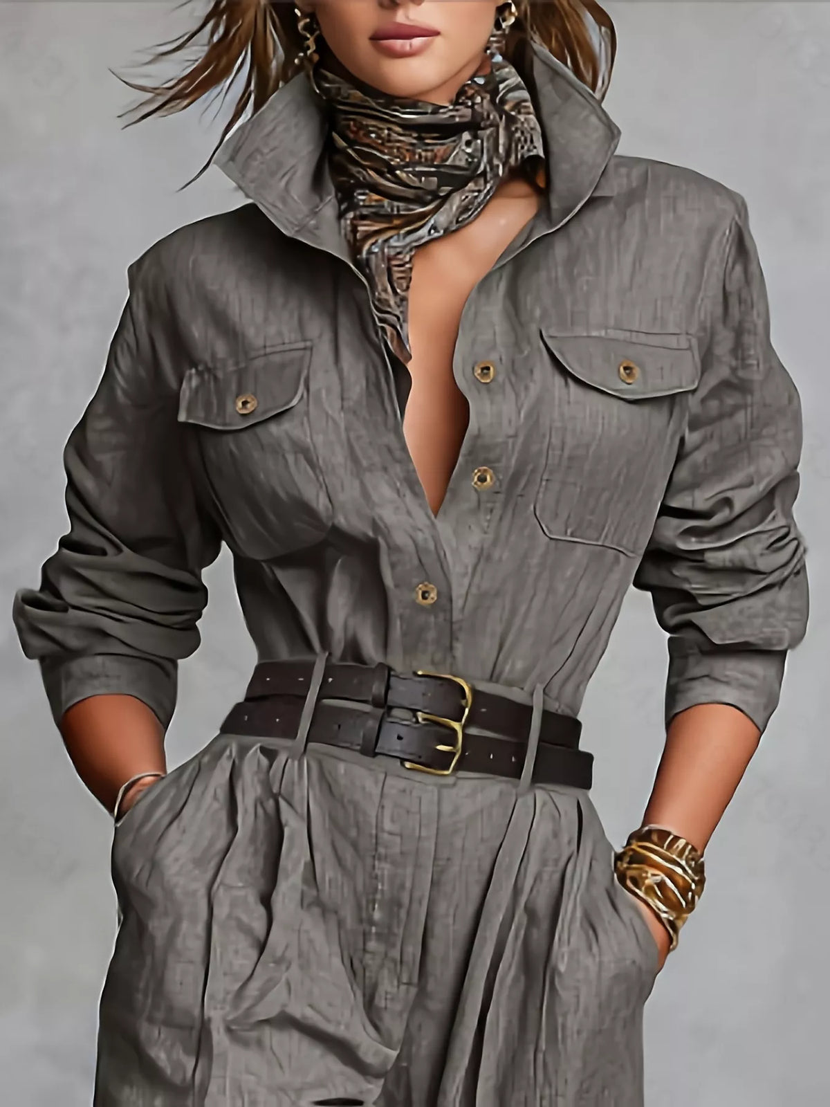 Button Front Long-Sleeve Jumpsuit in Gray