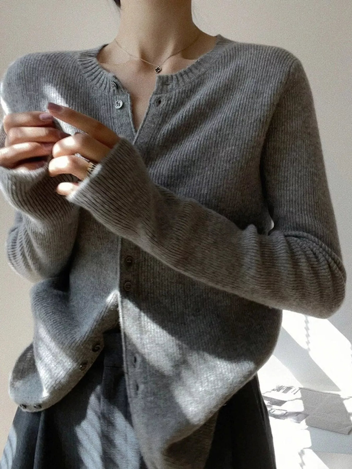 Ribbed Button-Down Cardigan in Gray