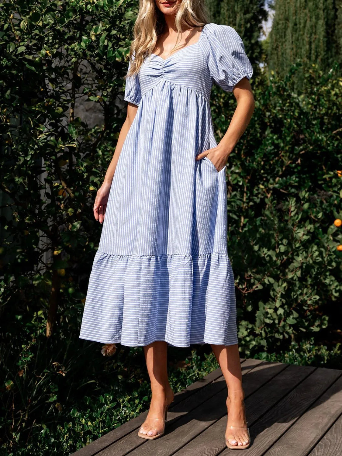 Striped Puff-Sleeve Sweetheart Midi Dress