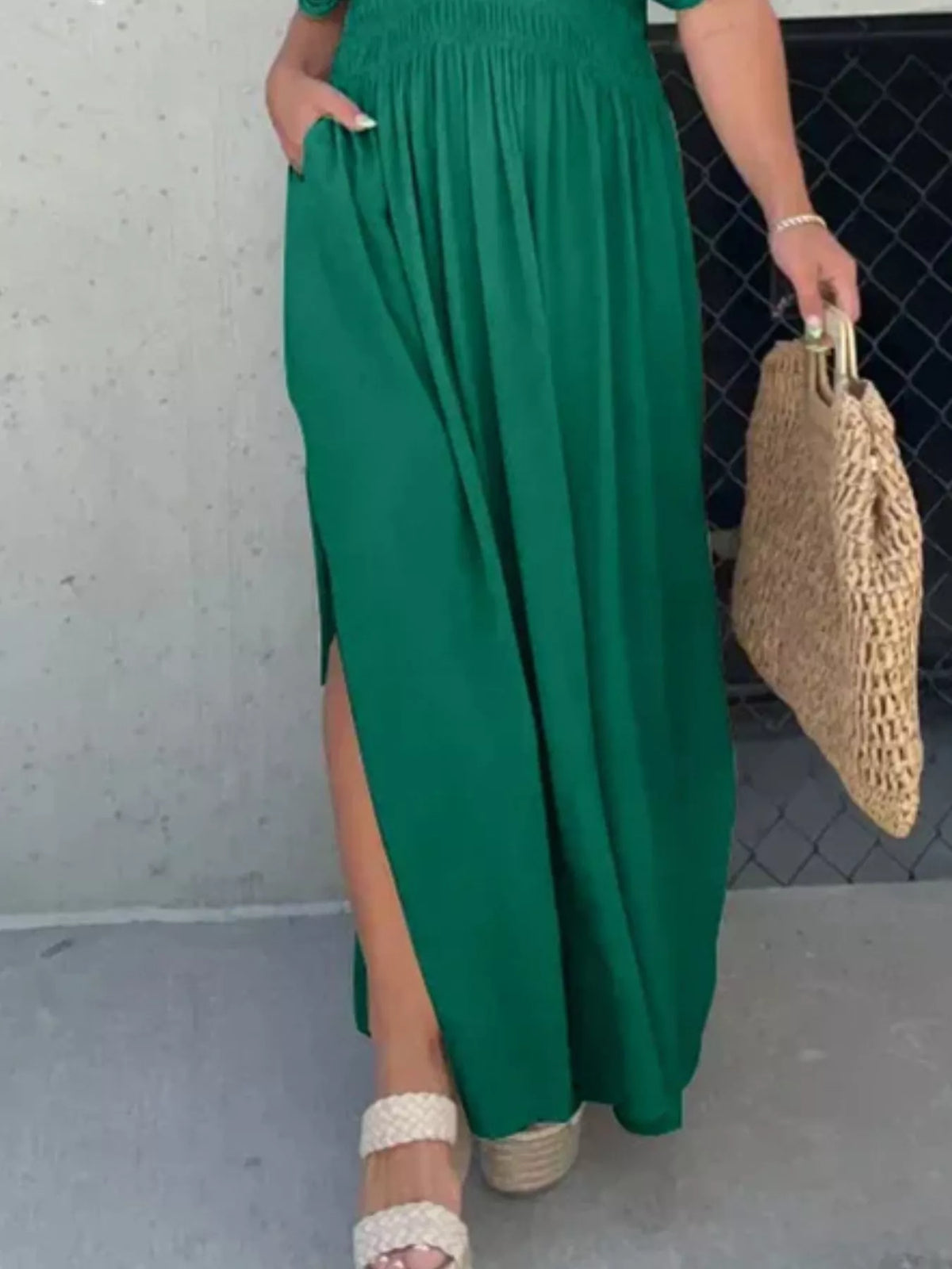 Smocked Waist V-Neck Slit Maxi Dress