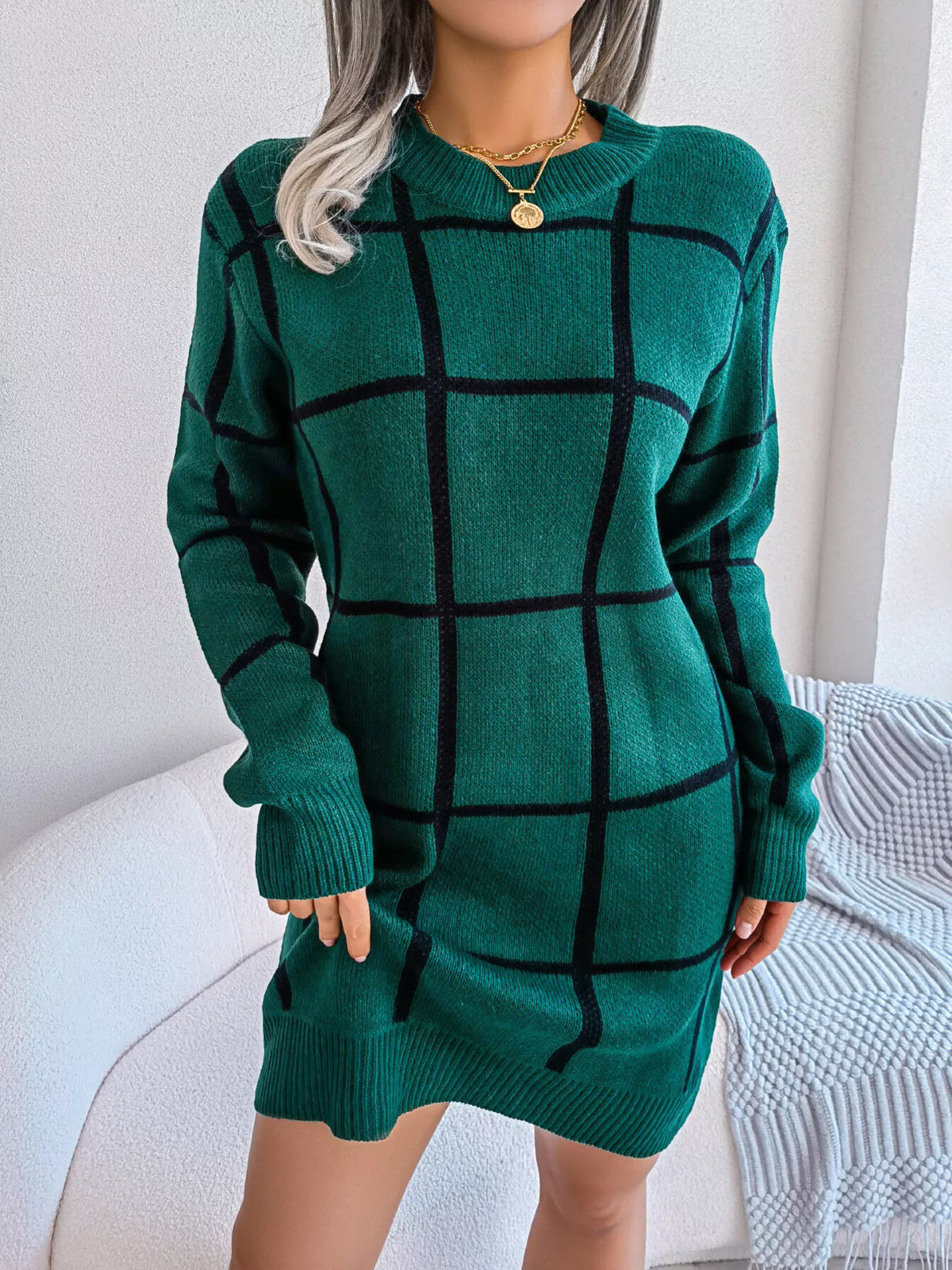 Plaid Long Sleeve Sweater Dress by Clise