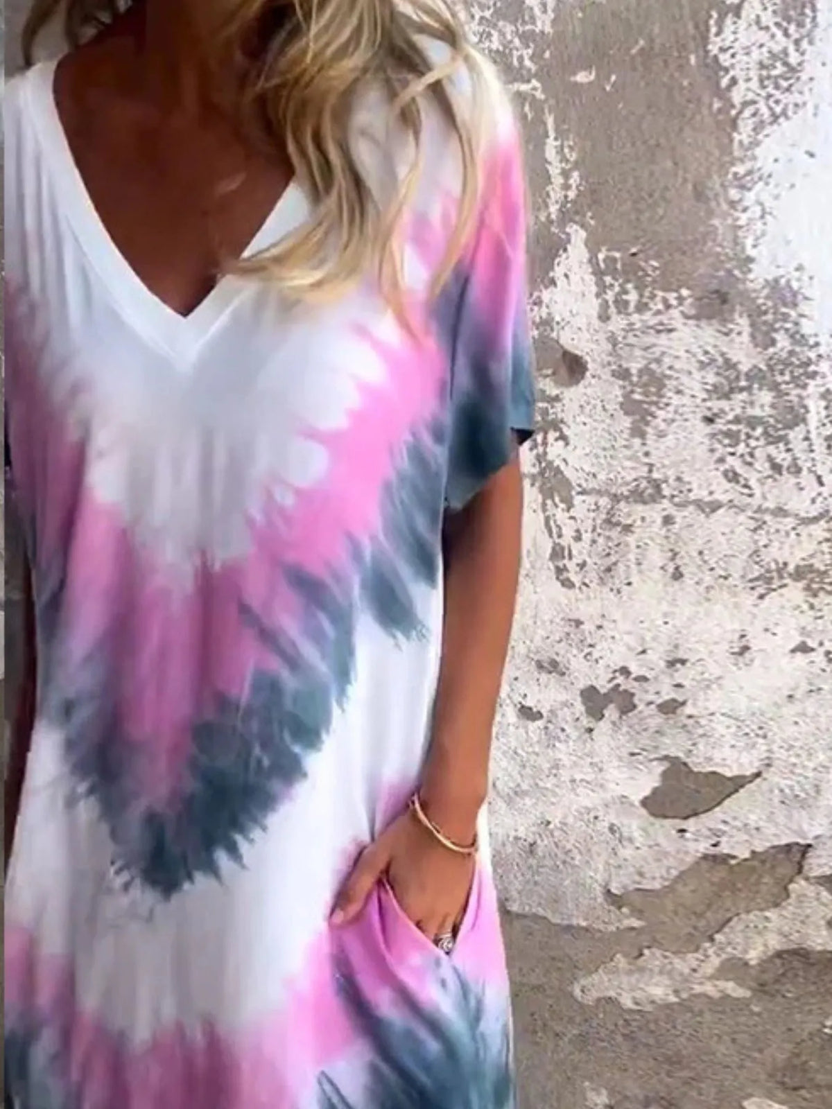 Tie-Dye V-Neck Midi Dress with Pockets