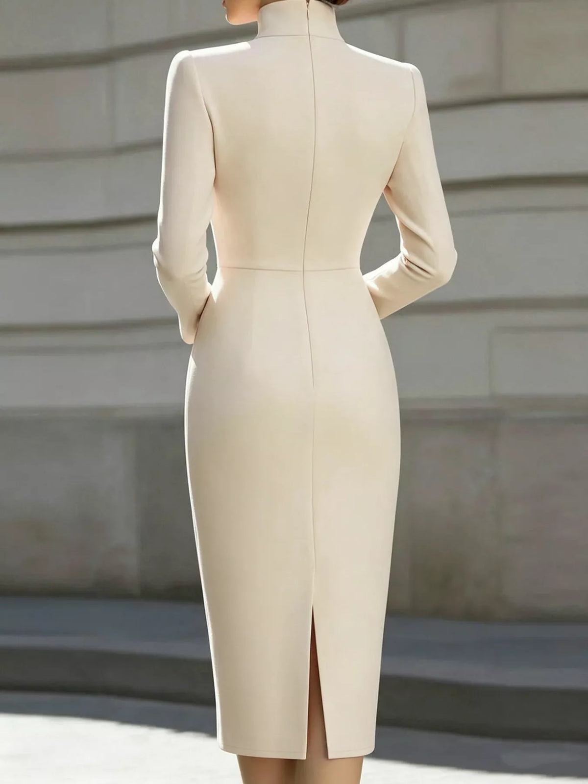 Plus Size Stand-Collar Long-Sleeve Midi Dress