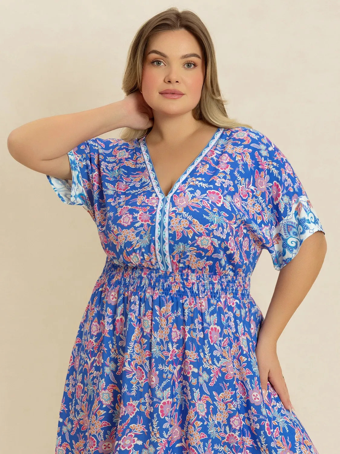 Smocked Printed Midi Dress in Blue Purple