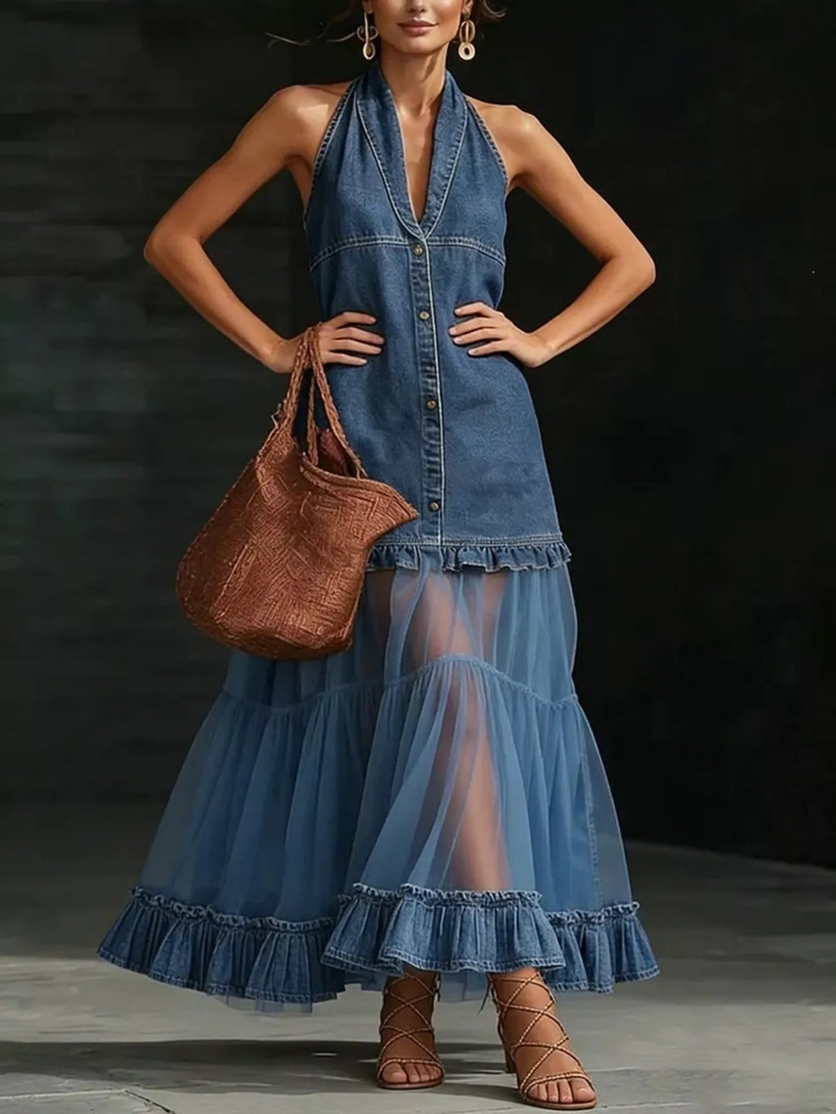 Ruffle Hem Sheer Tulle Denim Dress