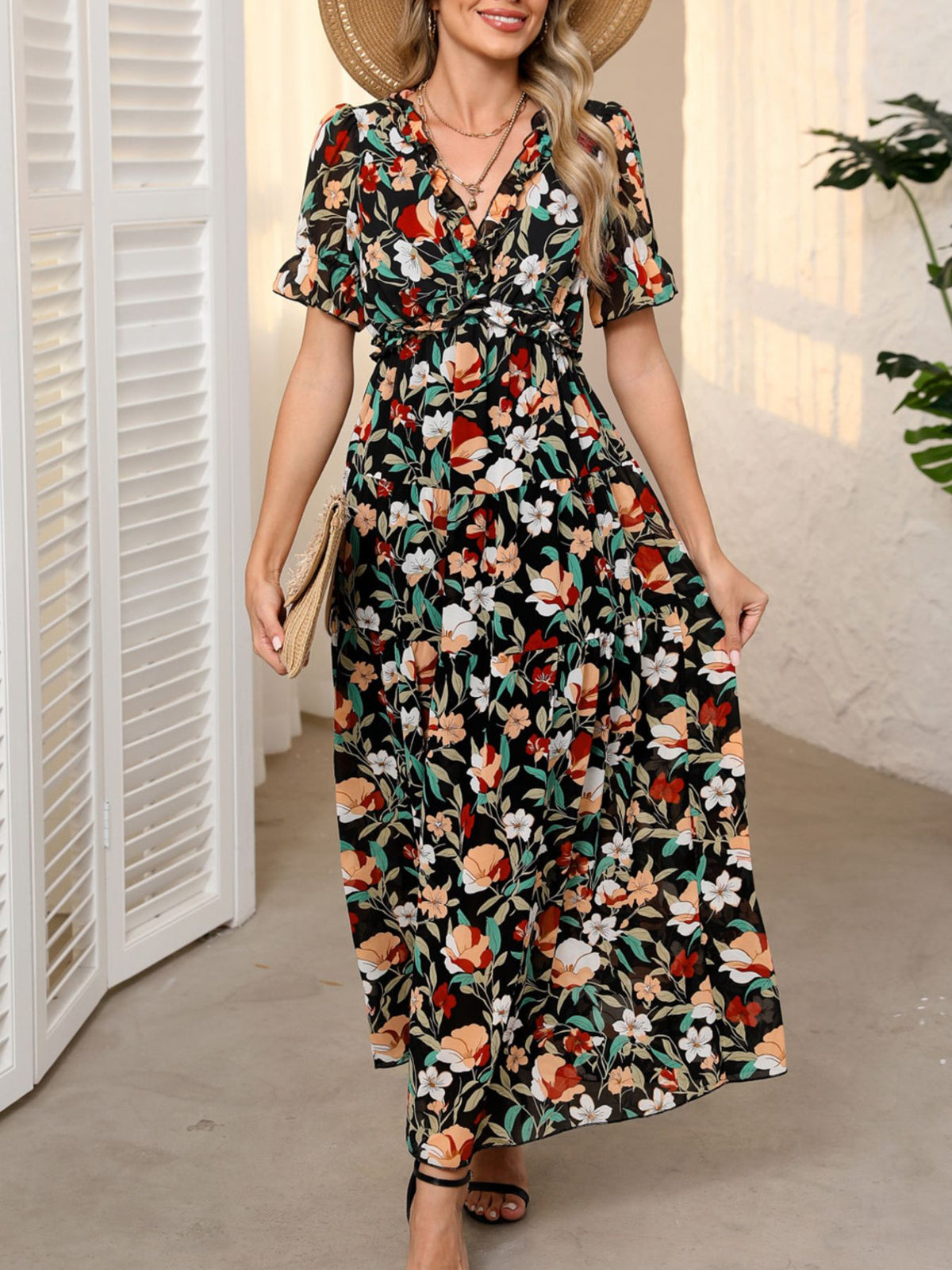 Floral Print Ruffled V-Neck Maxi Dress in Black