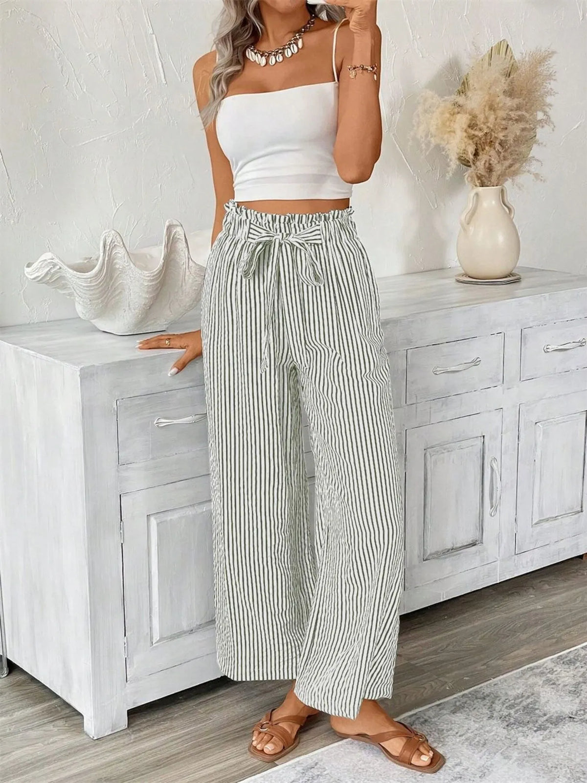 Striped Wide Leg Paper Bag Pants